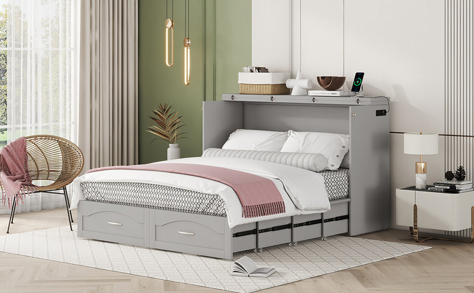 Queen Size Murphy Bed Wall Bed With Drawer And A Set Of Sockets & Usb Ports, Pulley Structure Design, Gray Gray Solid Wood Mdf