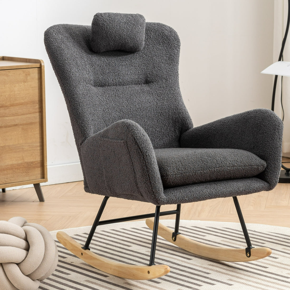 Same As W1372105256 35.5 Inch Rocking Chair With Pocket, Soft Teddy Fabric Rocking Chair For Nursery, Comfy Wingback Glider Rocker With Safe Solid Wood Base For Living Room Bedroom Balcony Greg Grey Casual Foam Teddy