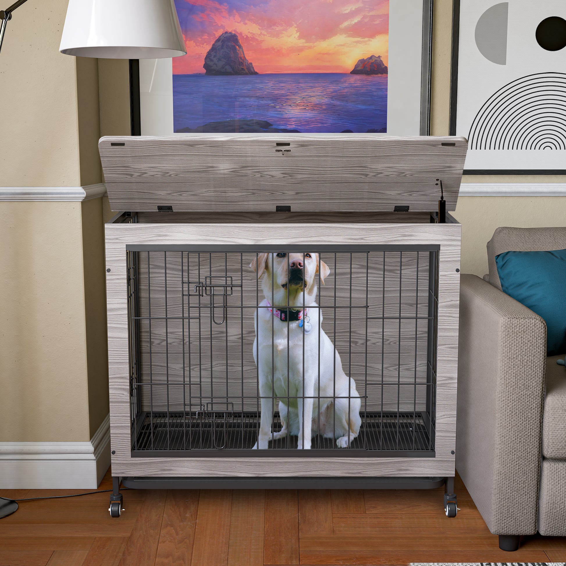 Dog Crate Furniture38'' Heavy Duty Wooden Dog Kennel With Double Doors & Flip Top For Large Dogs, Furniture Style Dog Crate End Table With Wheels, Grey 38.3"L X 23.4"W X 32"H Grey Solid Wood