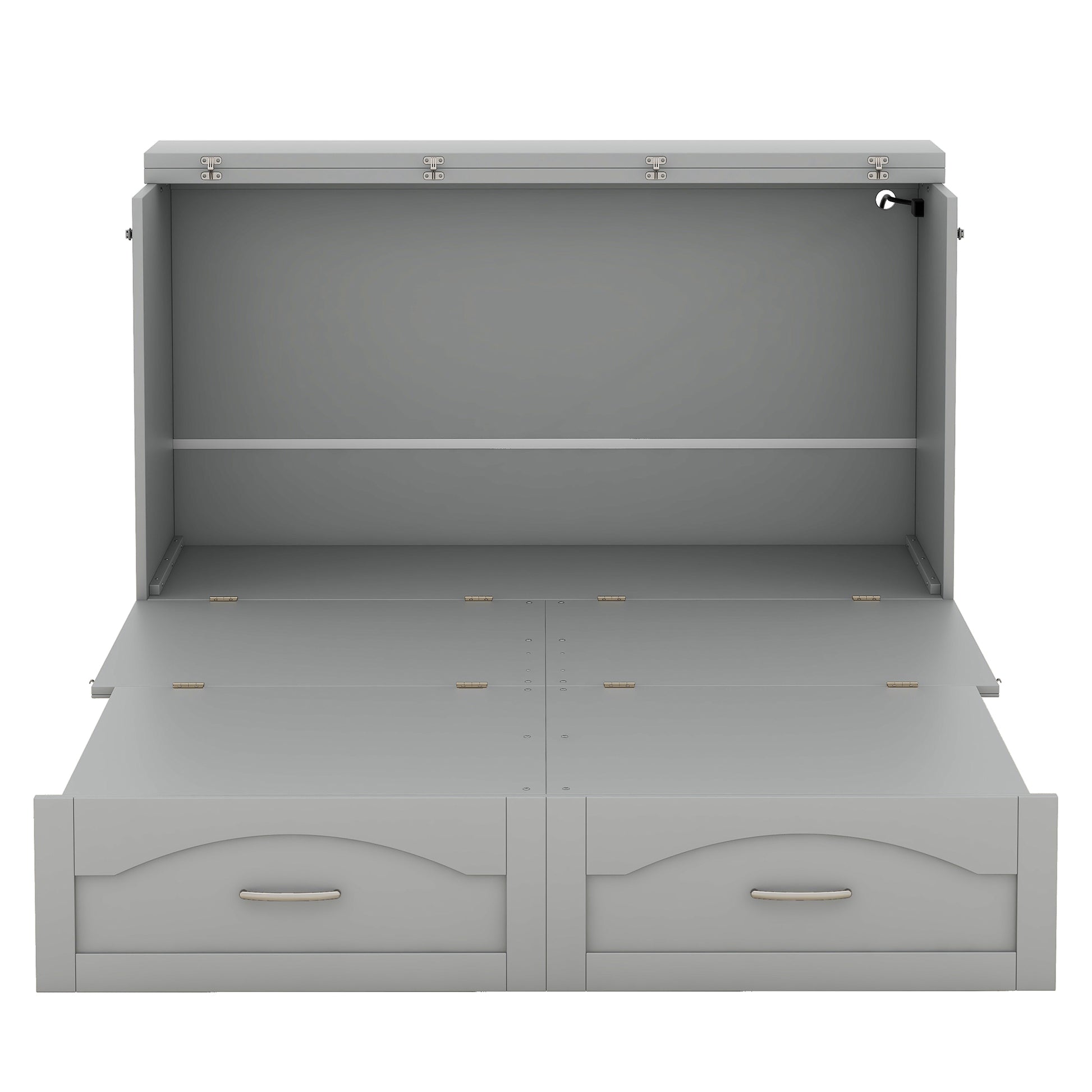 Full Size Murphy Bed Wall Bed With Drawer And A Set Of Sockets & Usb Ports, Pulley Structure Design, Gray Gray Solid Wood Mdf
