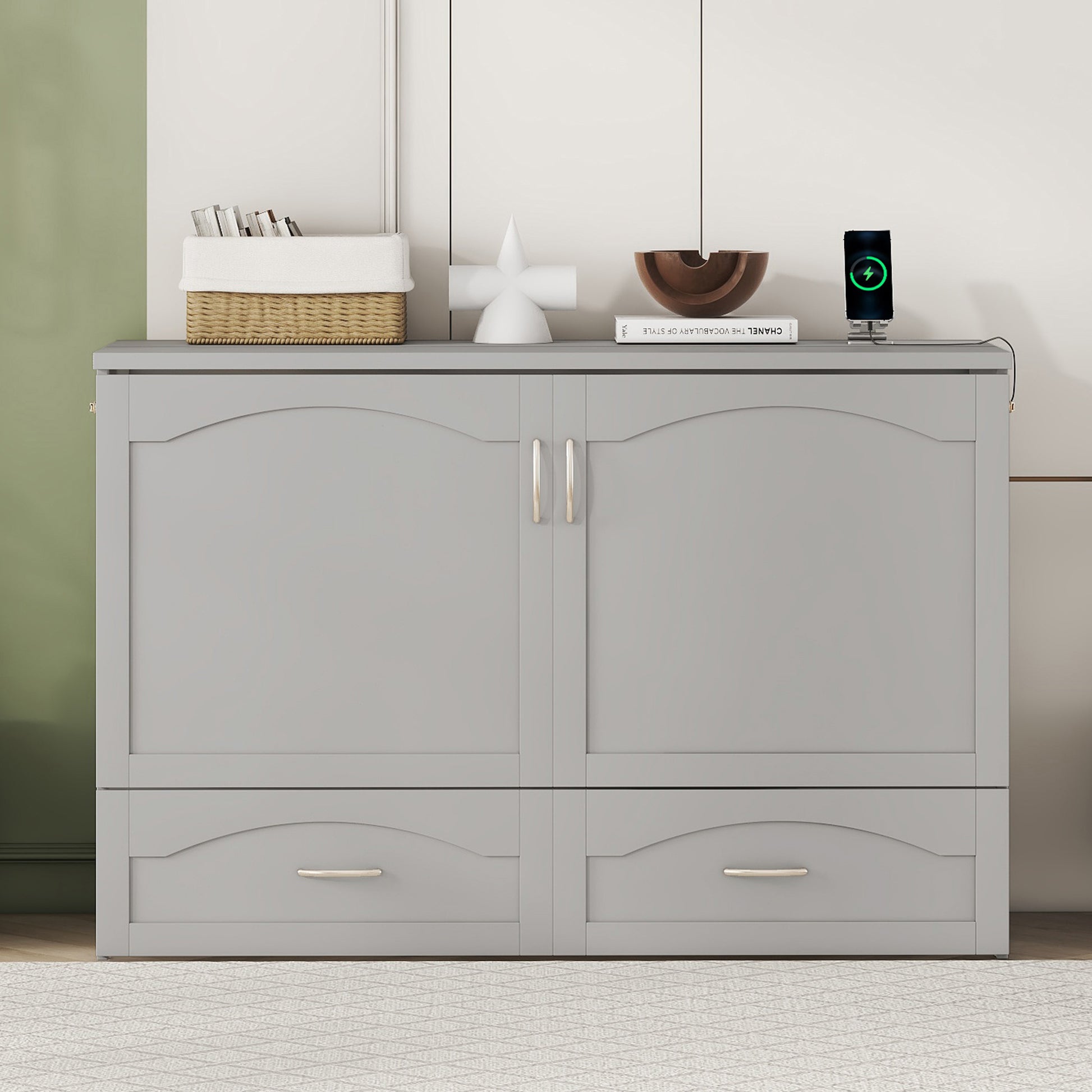 Queen Size Murphy Bed Wall Bed With Drawer And A Set Of Sockets & Usb Ports, Pulley Structure Design, Gray Gray Solid Wood Mdf