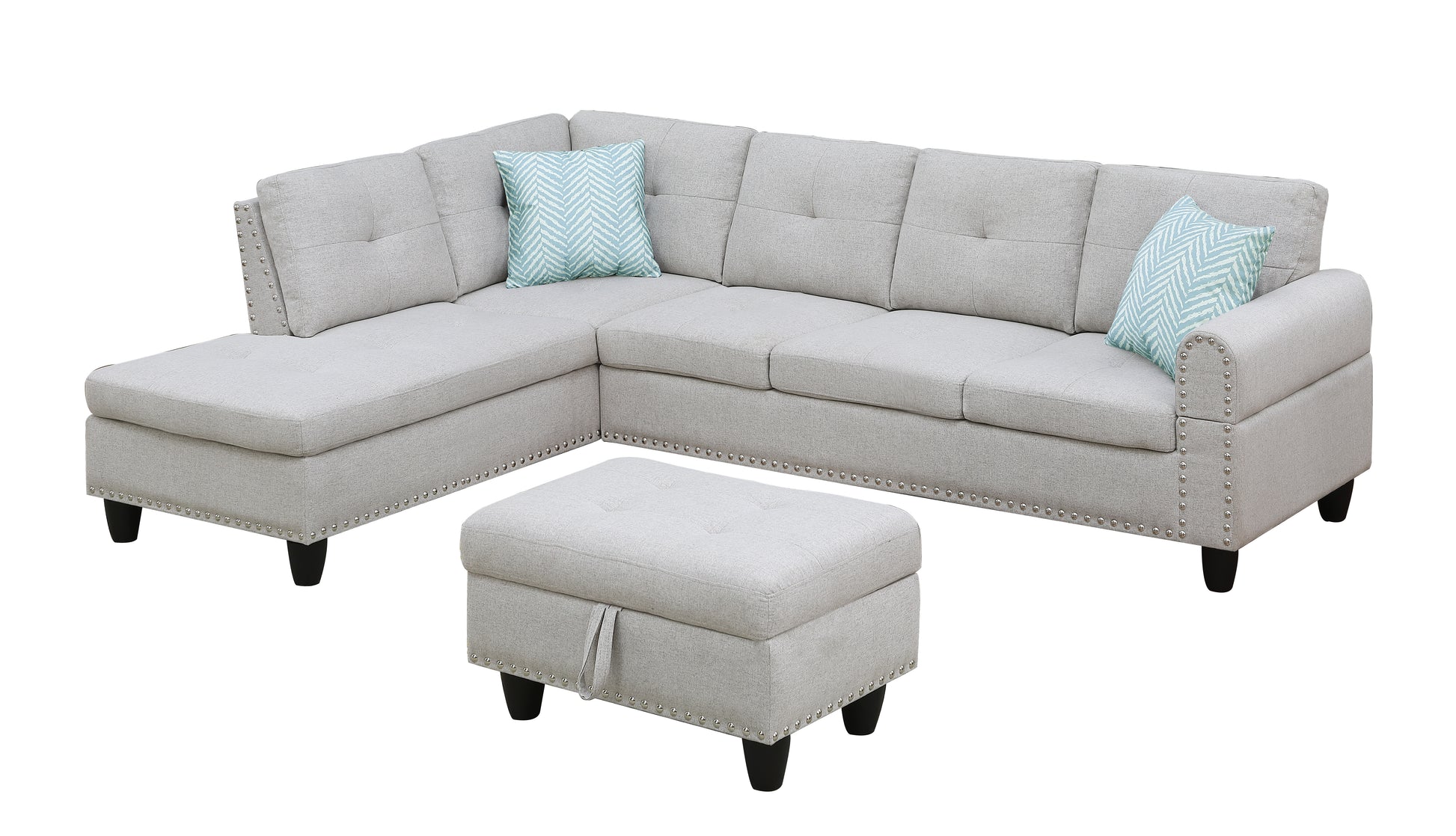 Alger 98" Wide Left Hand Facing Sofa & Chaise With Ottoman Light Gray Foam Linen