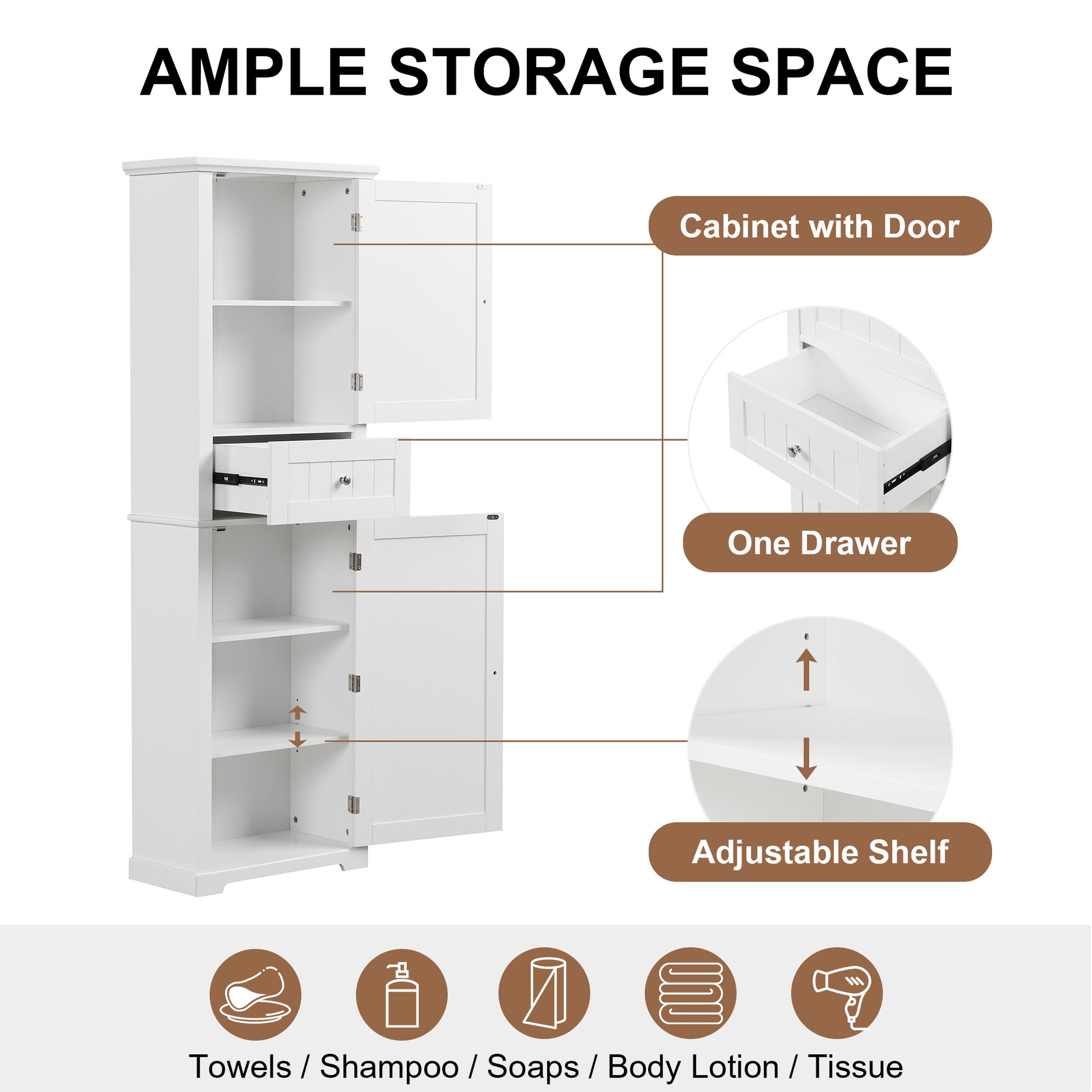 Tall Bathroom Storage Cabinet, Freestanding Storage Cabinet With Drawer And Adjustable Shelf, Mdf Board With Painted Finish, White White Mdf