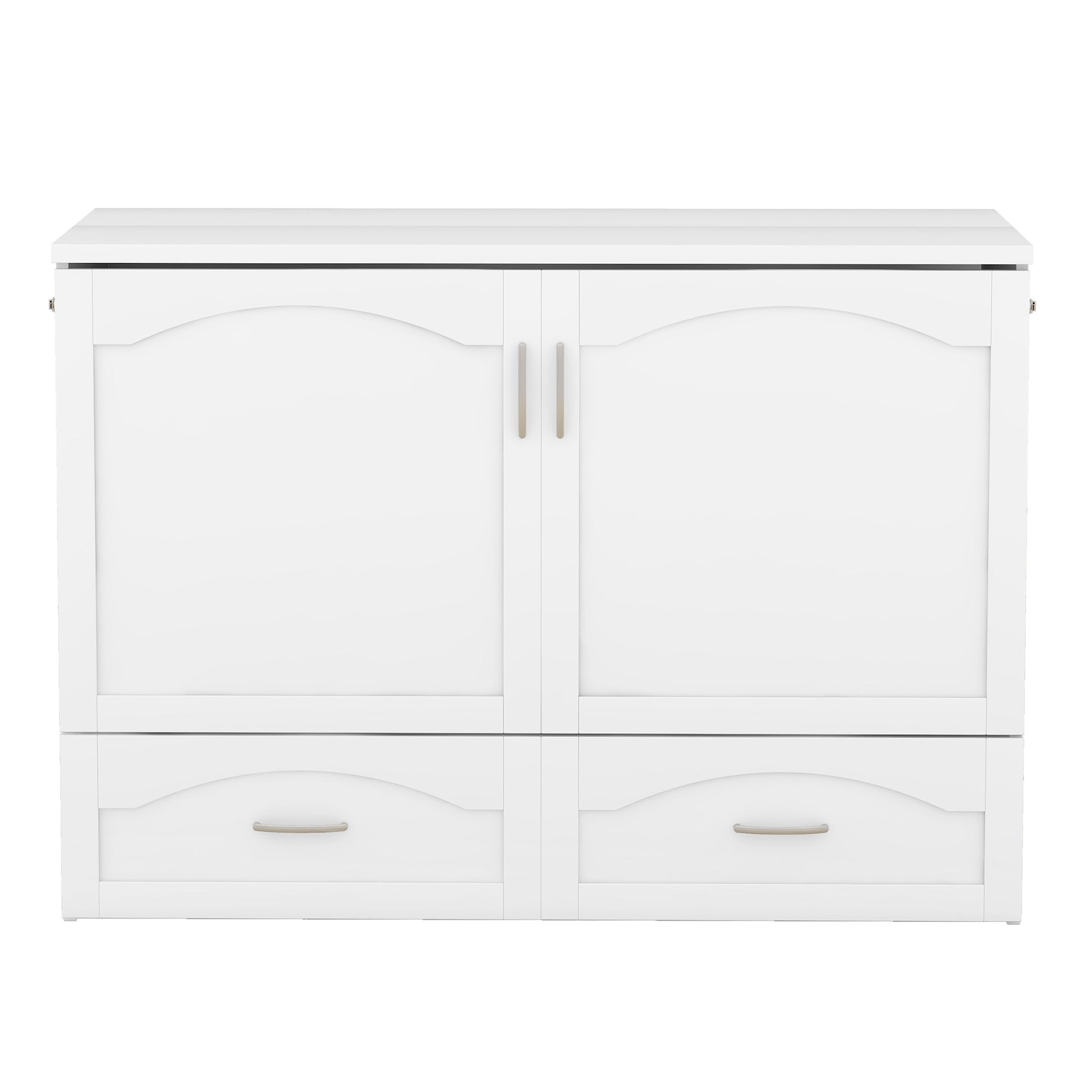Full Size Murphy Bed Wall Bed With Drawer And A Set Of Sockets & Usb Ports, Pulley Structure Design, White White Solid Wood Mdf