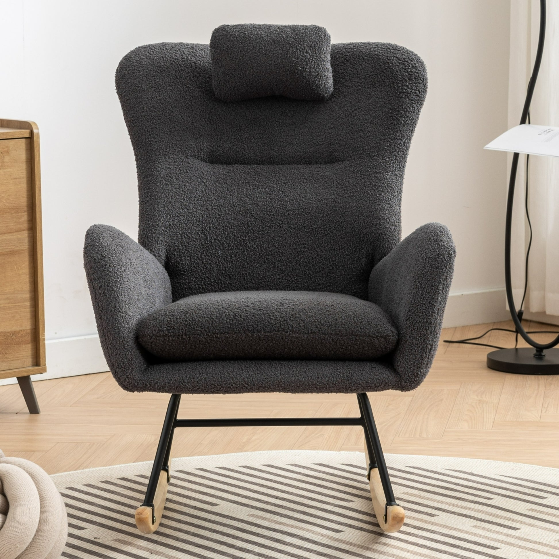 Same As W1372105256 35.5 Inch Rocking Chair With Pocket, Soft Teddy Fabric Rocking Chair For Nursery, Comfy Wingback Glider Rocker With Safe Solid Wood Base For Living Room Bedroom Balcony Greg Grey Casual Foam Teddy