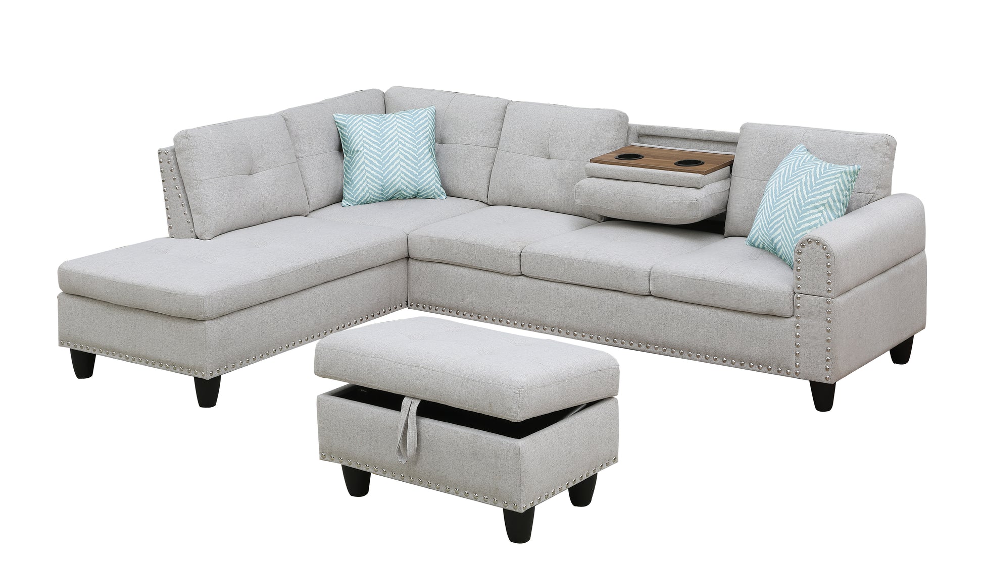 Alger 98" Wide Left Hand Facing Sofa & Chaise With Ottoman Light Gray Foam Linen