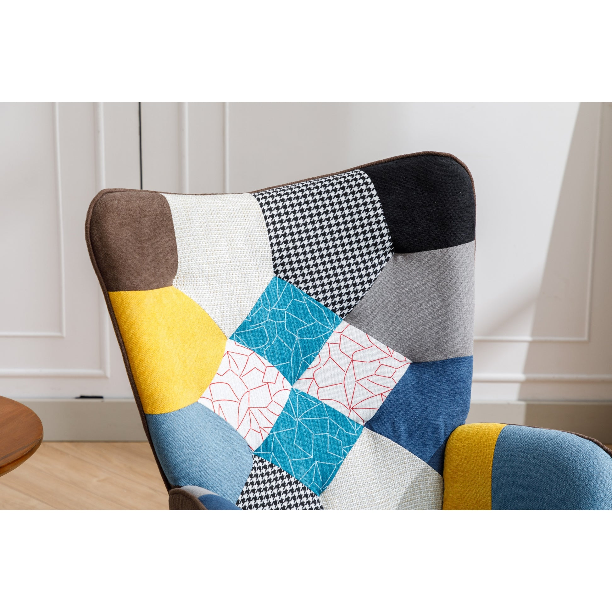 Modern Patchwork Accent Chair With Solid Wood Armrest And Feet, Mid Century Modern Accent Sofa, Fabric Sofa Chair For Living Room Bedroom Studio, Comfy Side Armchair For Bed Blue Antique Blue Foam Cotton Linen