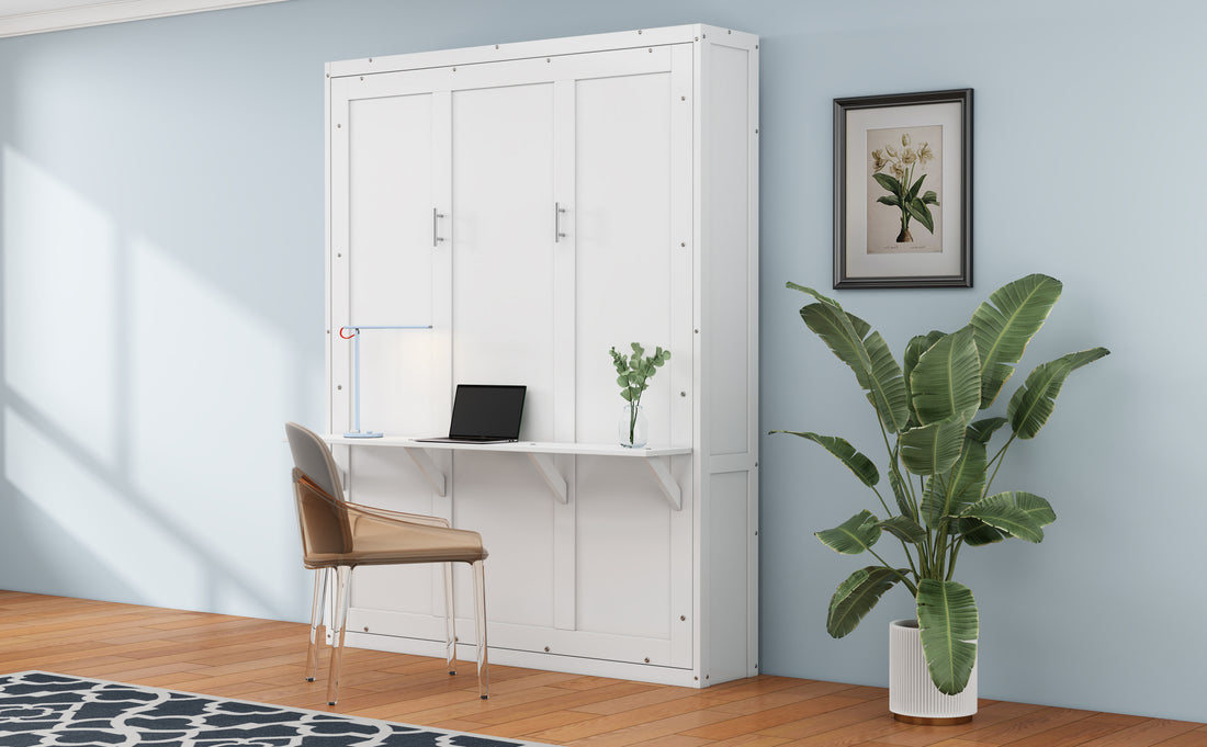 Full Size Murphy Bed,61.5 Inch Cabinet Bed Folding Wall Bed With Desk Combo Perfect For Guest Room, Study, Office, White Old Sku:Bs311609Aac Box Spring Not Required Full White Wood White Pine Murphy Solid Wood Mdf