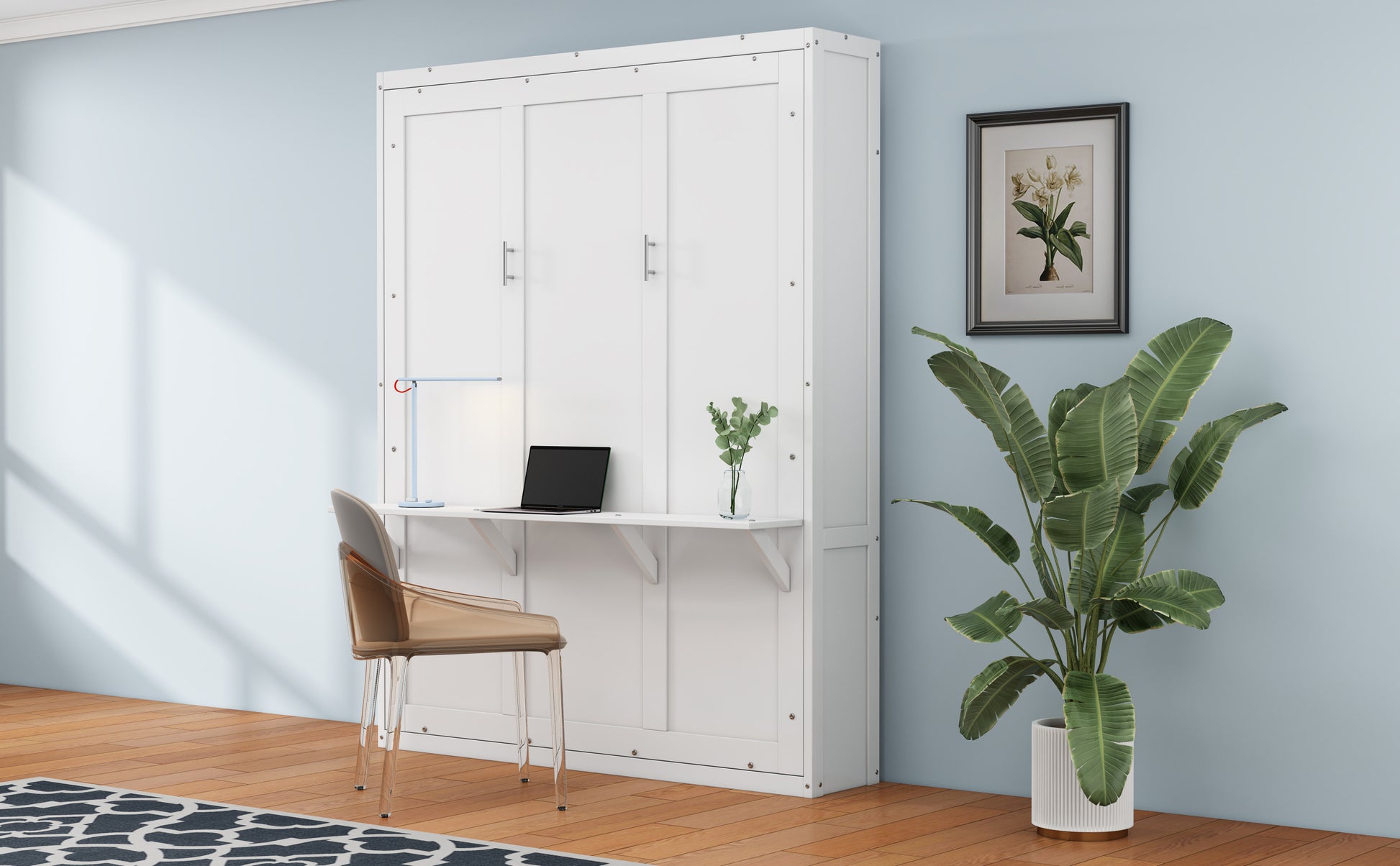 Queen Size Murphy Bed With 1 Side Cabinet Storage Shelf, 68 Inch Cabinet Bed Folding Wall Bed With Desk Combo Perfect For Guest Room, Study, Office,White Old Sku:Bs300491Aac Box Spring Not Required Queen Antique Grey White Wood White Pine Murphy Solid