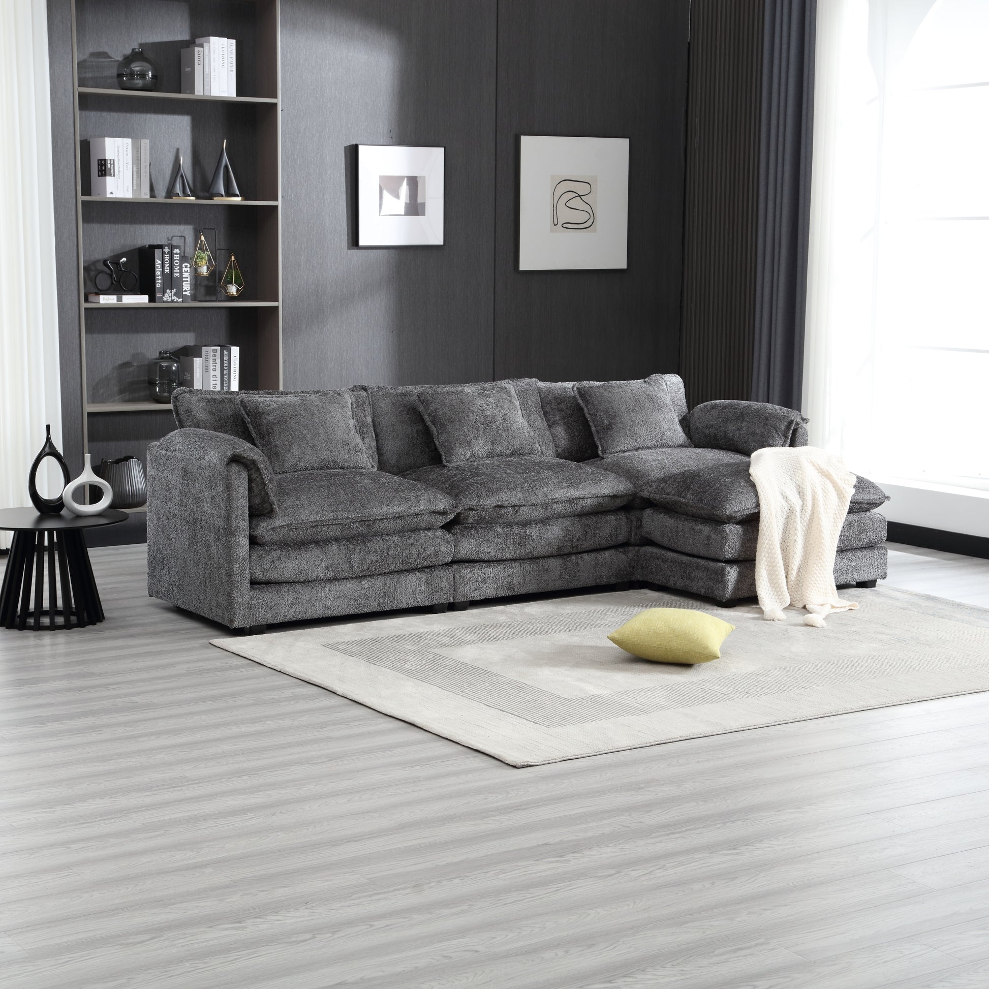 Modern Large Boucle Fabric L Shape Sectional Sofa Gray Boucle