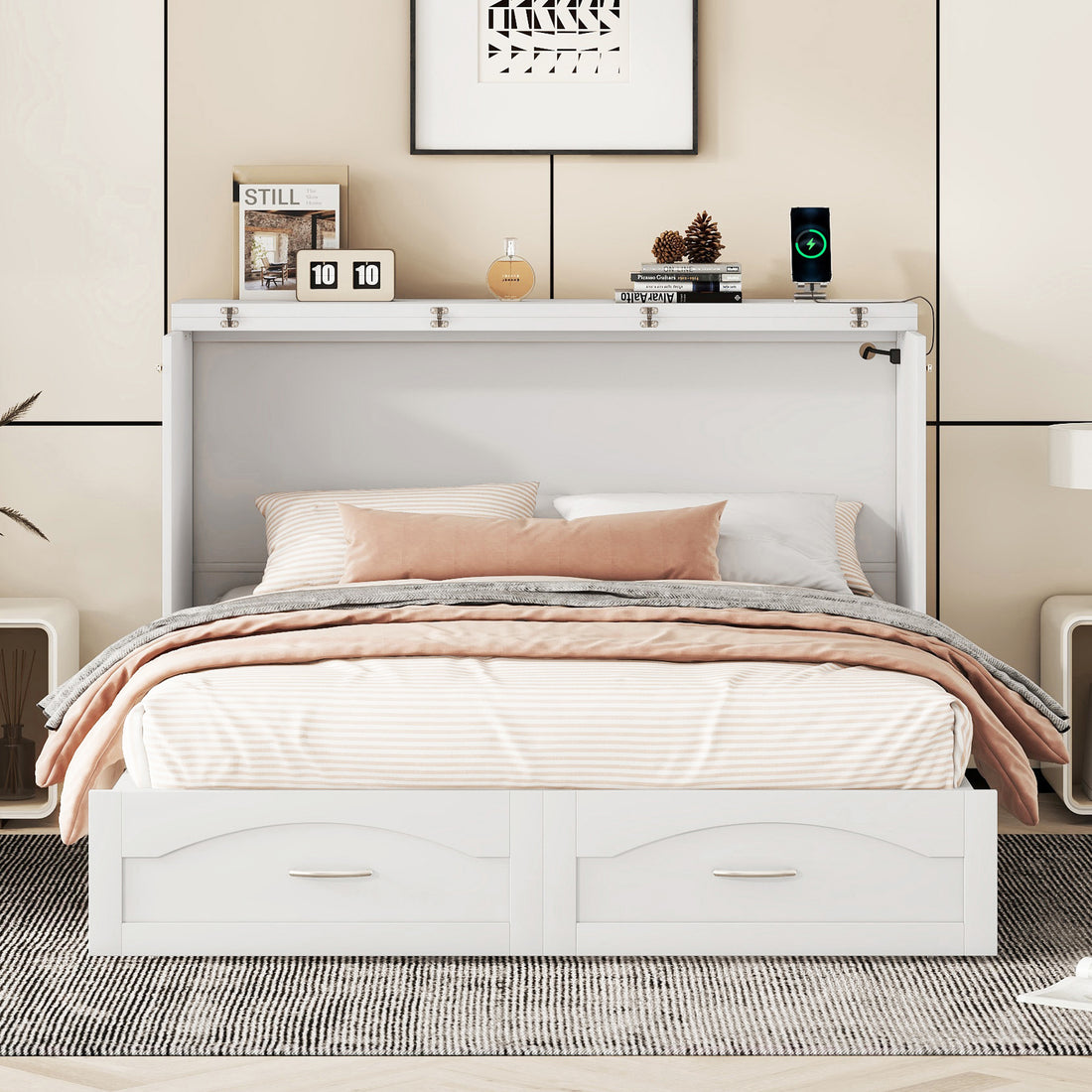Queen Size Murphy Bed Wall Bed With Drawer And A Set Of Sockets & Usb Ports, Pulley Structure Design, White White Solid Wood Mdf