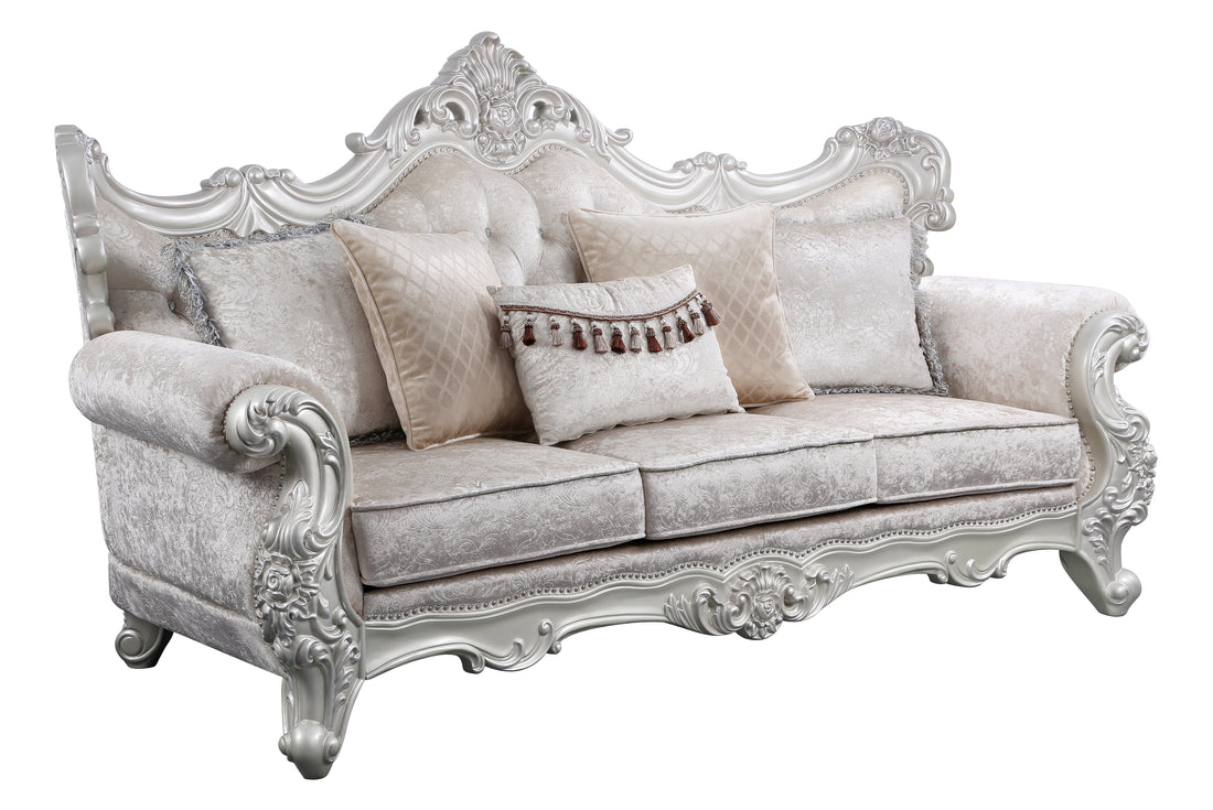 Melrose 2Pc Traditional Living Room Set In Champagne With Silver Brush Silver Gray Chenille Wood Primary Living Space Traditional Wood 5 Seat