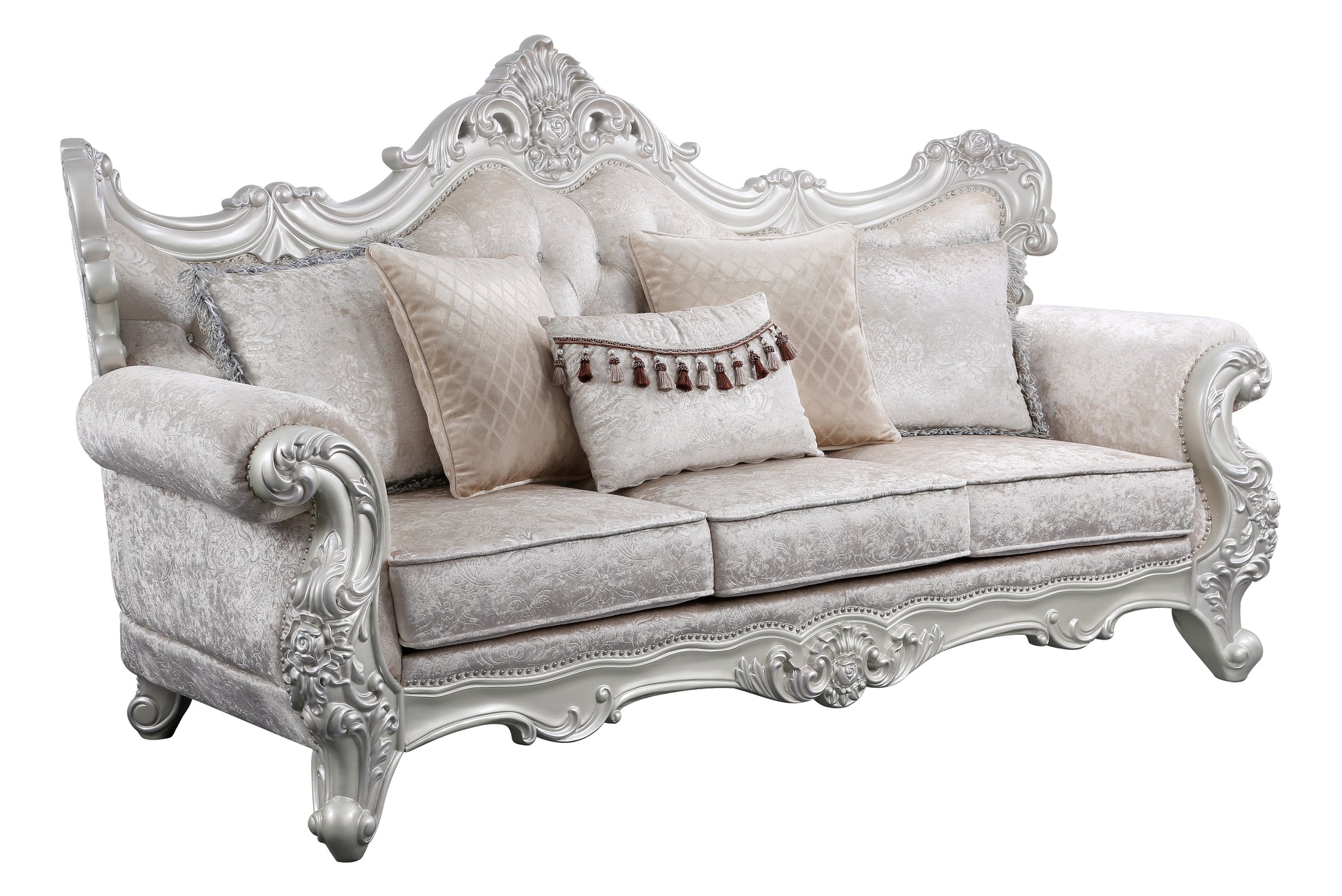 Melrose 2Pc Traditional Living Room Set In Champagne With Silver Brush Silver Gray Chenille Wood Primary Living Space Traditional Wood 5 Seat