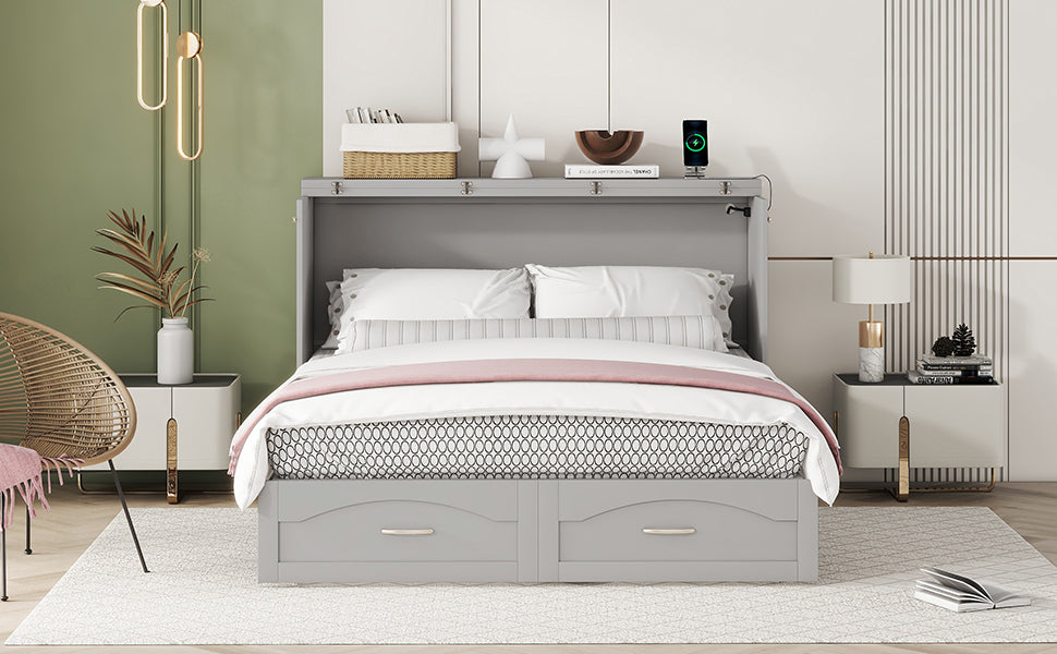Queen Size Murphy Bed Wall Bed With Drawer And A Set Of Sockets & Usb Ports, Pulley Structure Design, Gray Gray Solid Wood Mdf
