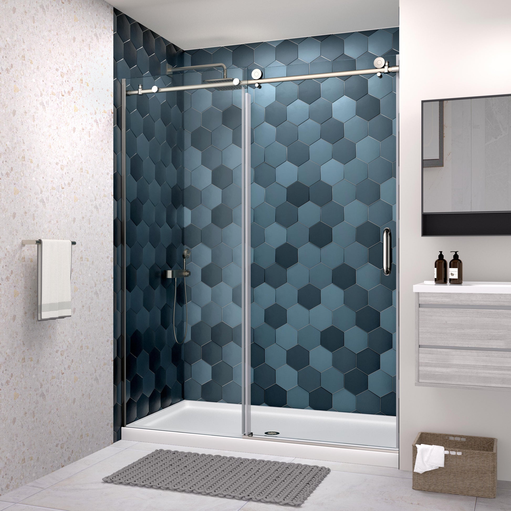 Glass Shower Door, Sliding Door, With 5 16" Tempered Glass And Polished Chrome Finish Chrome Bathroom Stainless Steel
