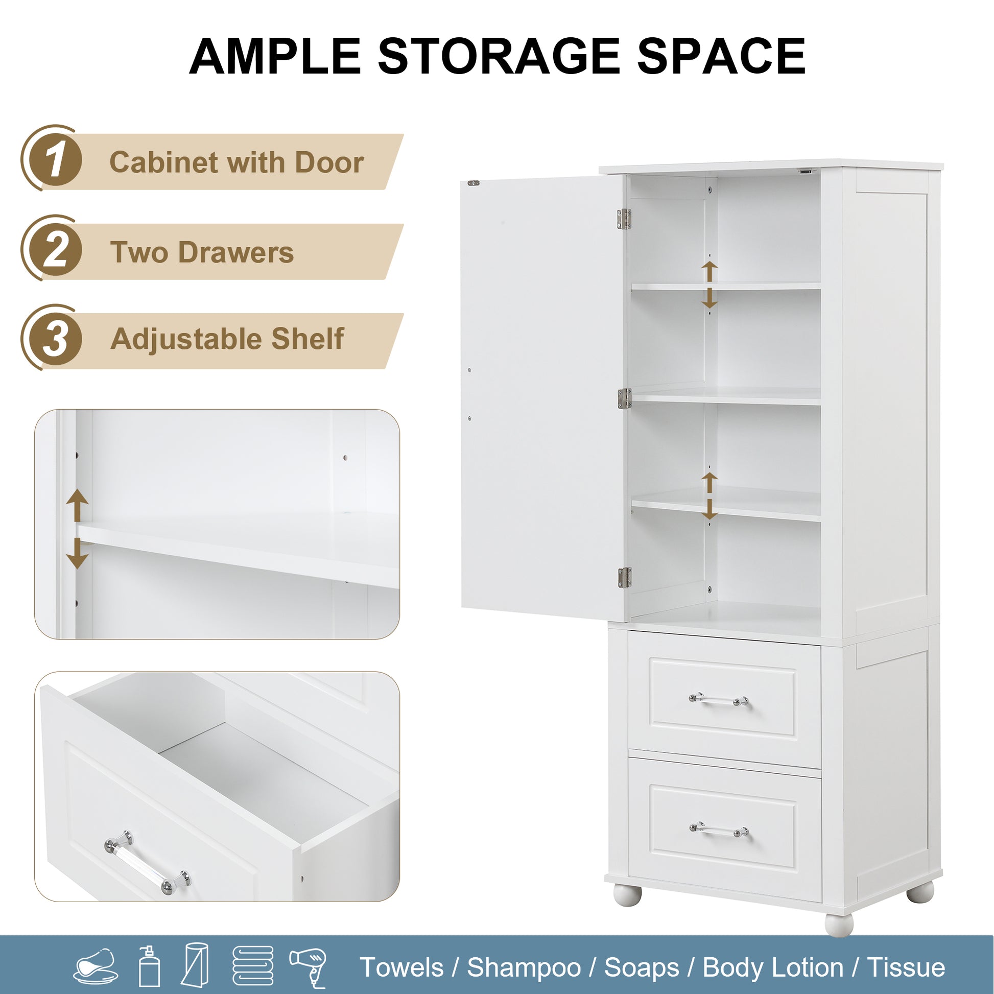 Tall Bathroom Storage Cabinet, Freestanding Storage Cabinet With Two Drawers And Adjustable Shelf, Mdf Board With Painted Finish, White White Mdf