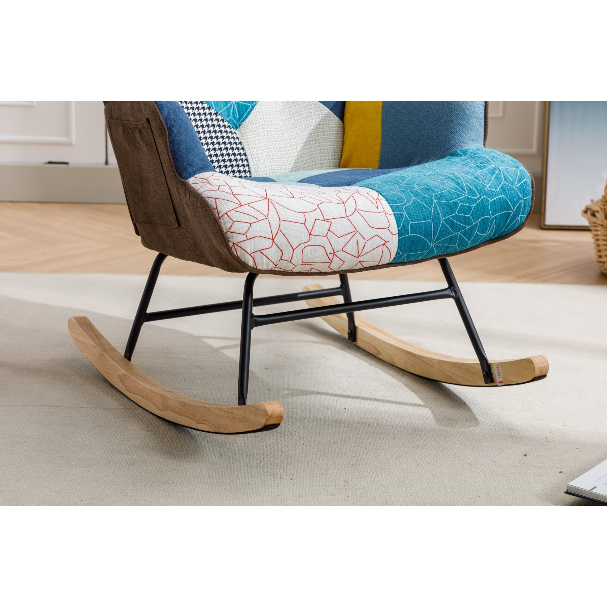 Modern Patchwork Accent Chair With Solid Wood Armrest And Feet, Mid Century Modern Accent Sofa, Fabric Sofa Chair For Living Room Bedroom Studio, Comfy Side Armchair For Bed Blue Antique Blue Foam Cotton Linen