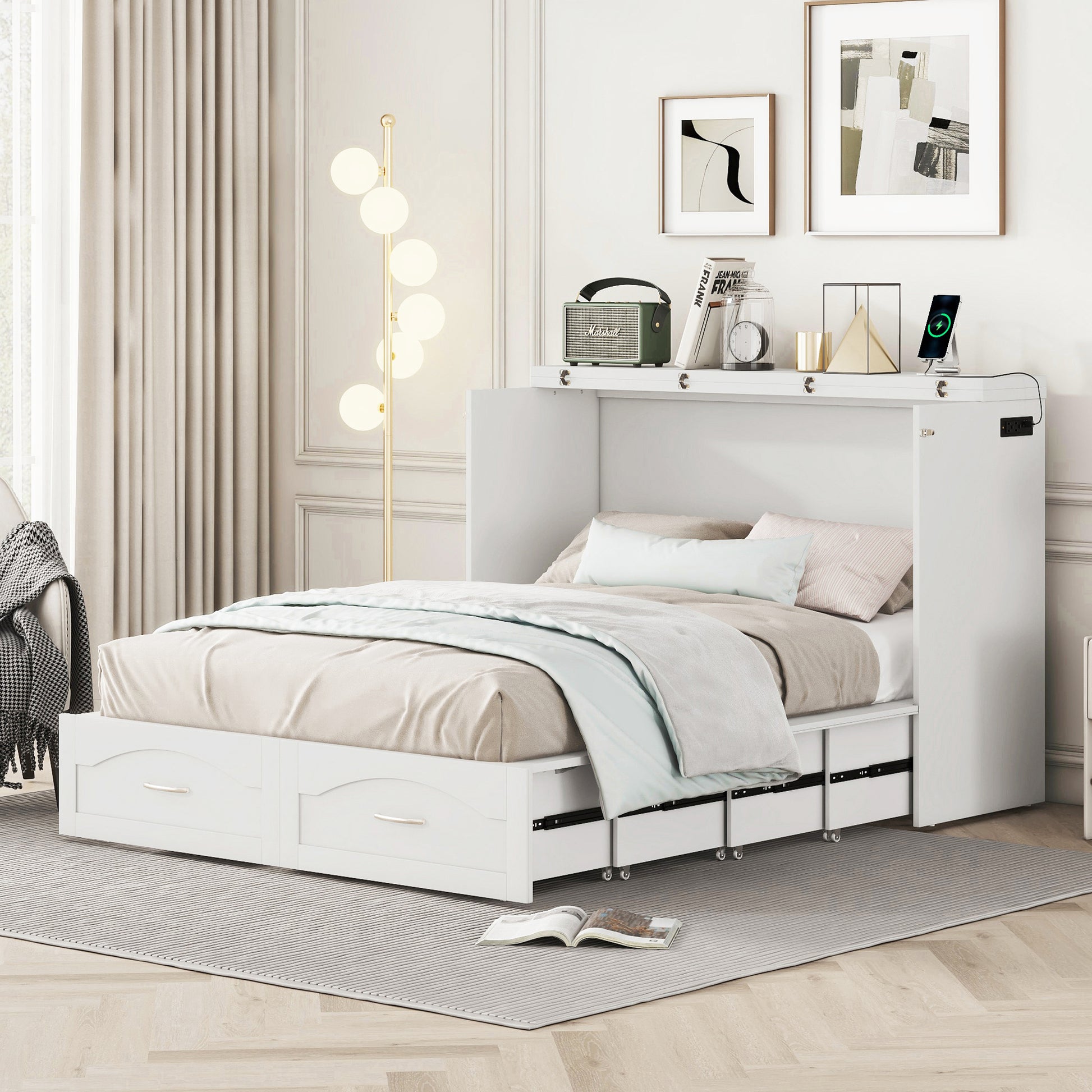 Full Size Murphy Bed Wall Bed With Drawer And A Set Of Sockets & Usb Ports, Pulley Structure Design, White White Solid Wood Mdf