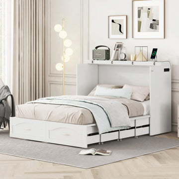 Full Size Murphy Bed Wall Bed With Drawer And A Set Of Sockets & Usb Ports, Pulley Structure Design, White White Solid Wood Mdf