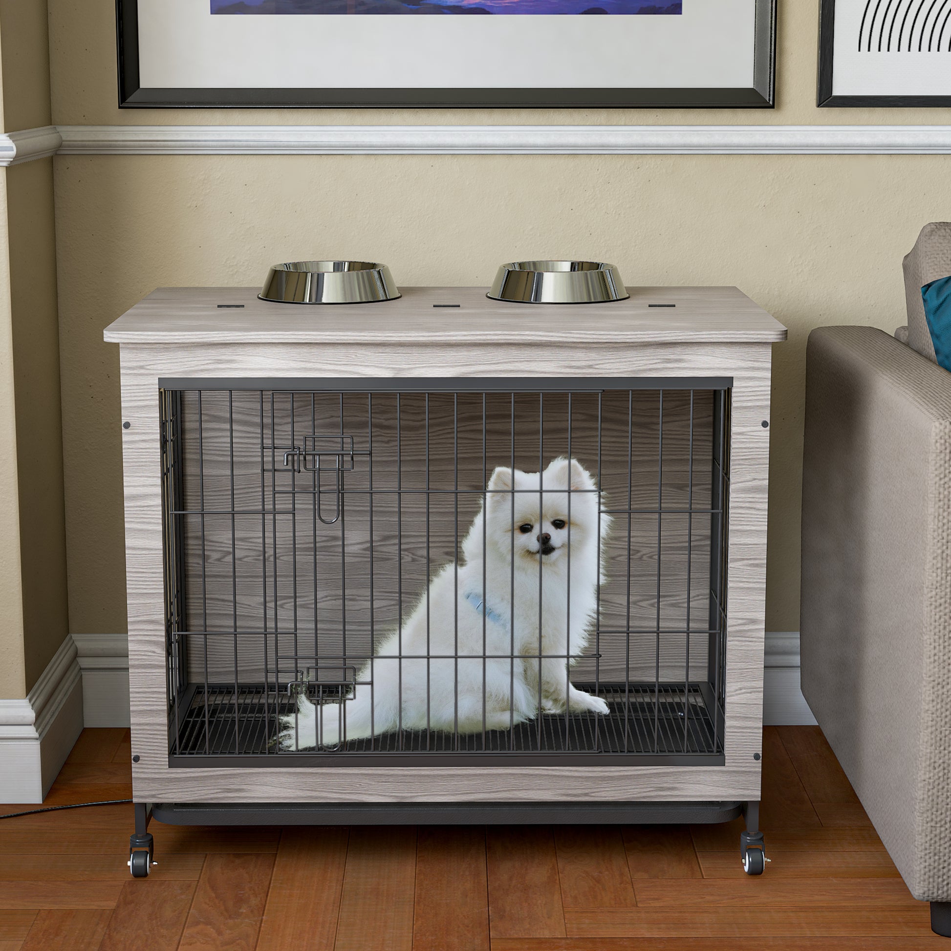 23.6"L X 20"W X 26"H Dog Crate Furniture With Cushion, Wooden Dog Crate Table, Double Doors Dog Furniture, Dog Kennel Indoor For Small Dog, Dog House, Dog Cage Small, Rustic Brown Grey Grey Small 11 25 Lbs Mdf Metal