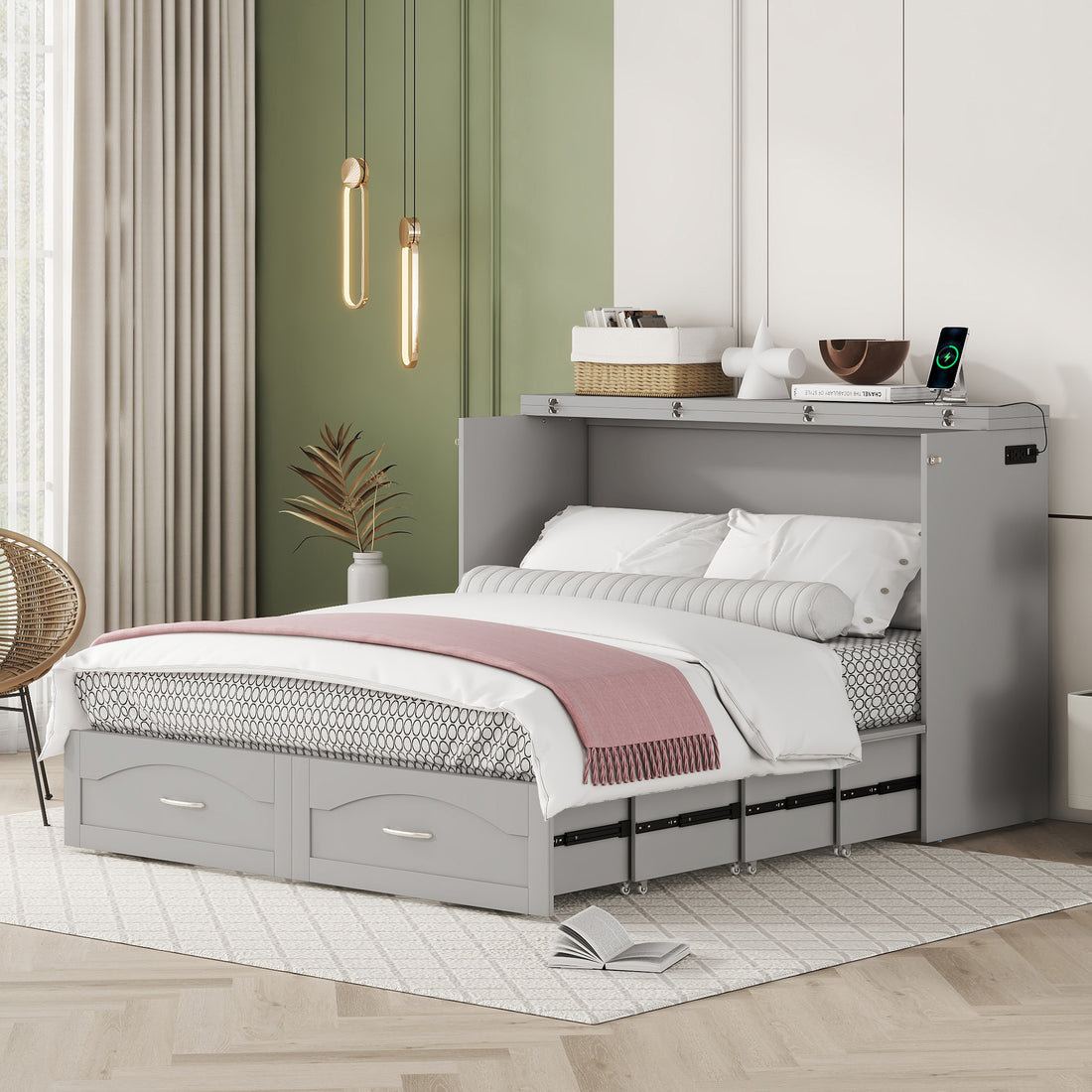 Queen Size Murphy Bed Wall Bed With Drawer And A Set Of Sockets & Usb Ports, Pulley Structure Design, Gray Gray Solid Wood Mdf
