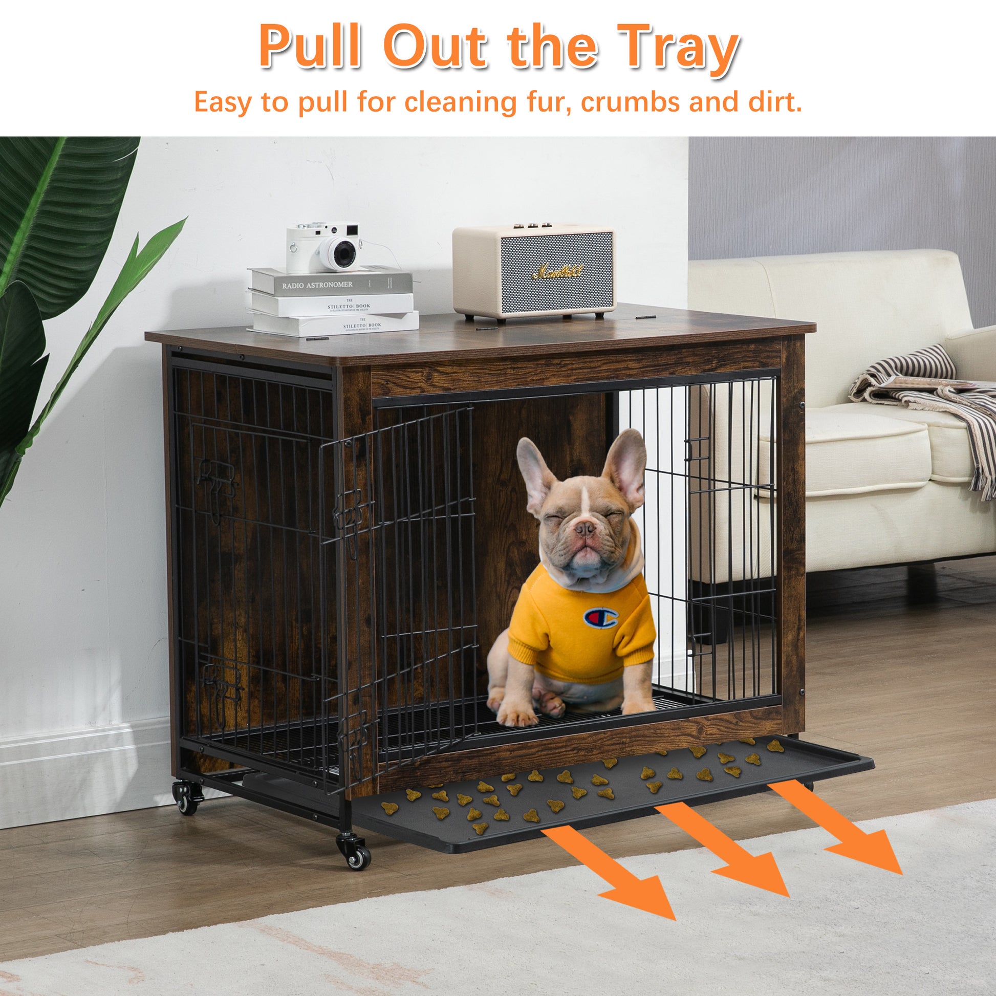 23.6"L X 20"W X 26"H Dog Crate Furniture With Cushion, Wooden Dog Crate Table, Double Doors Dog Furniture, Dog Kennel Indoor For Small Dog, Dog House, Dog Cage Small, Rustic Brown Gray Solid Wood