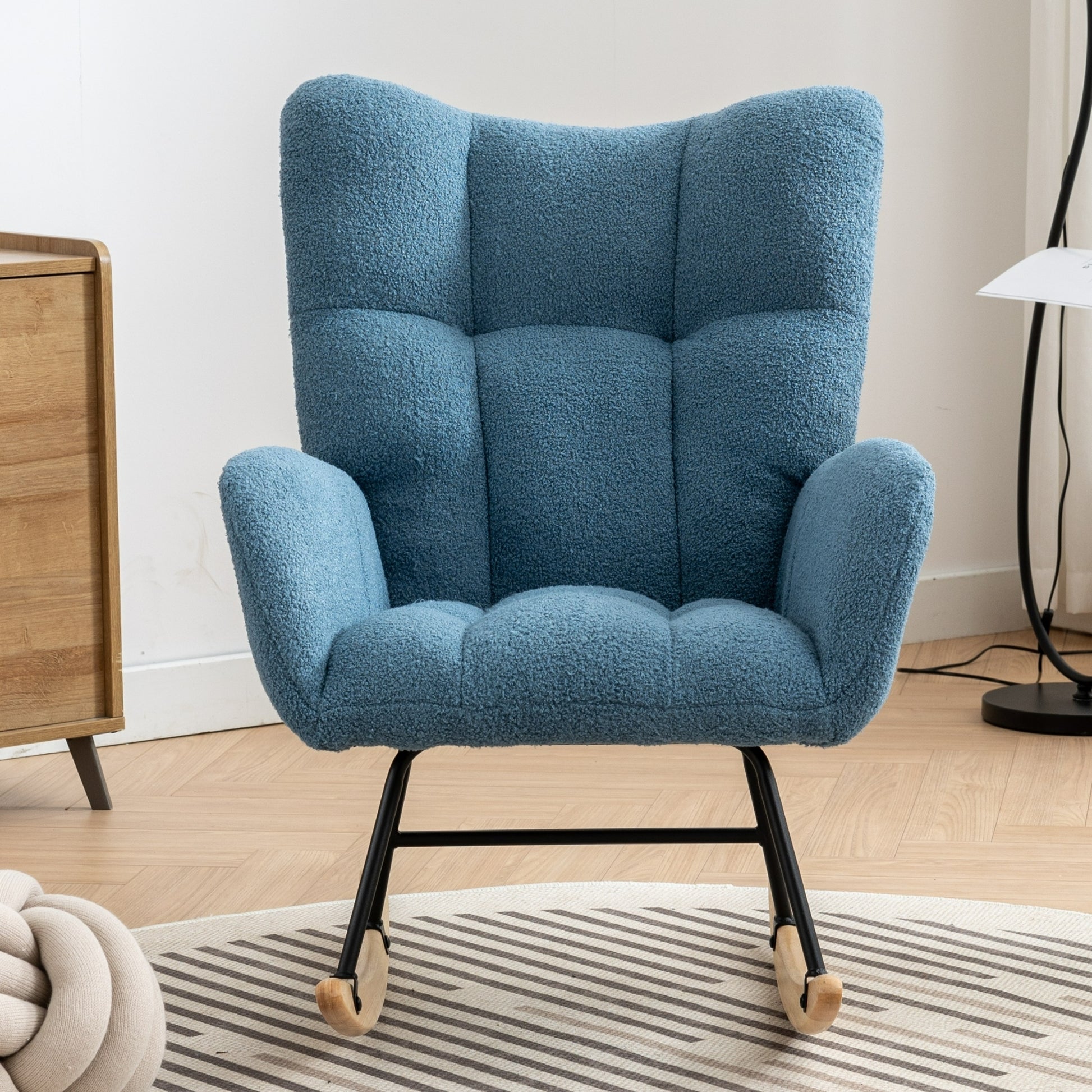 Rocking Chair With Pocket, Soft Teddy Fabric Rocking Chair For Nursery, Comfy Wingback Glider Rocker With Safe Solid Wood Base For Living Room Bedroom Balcony Blue Blue Casual Foam Teddy