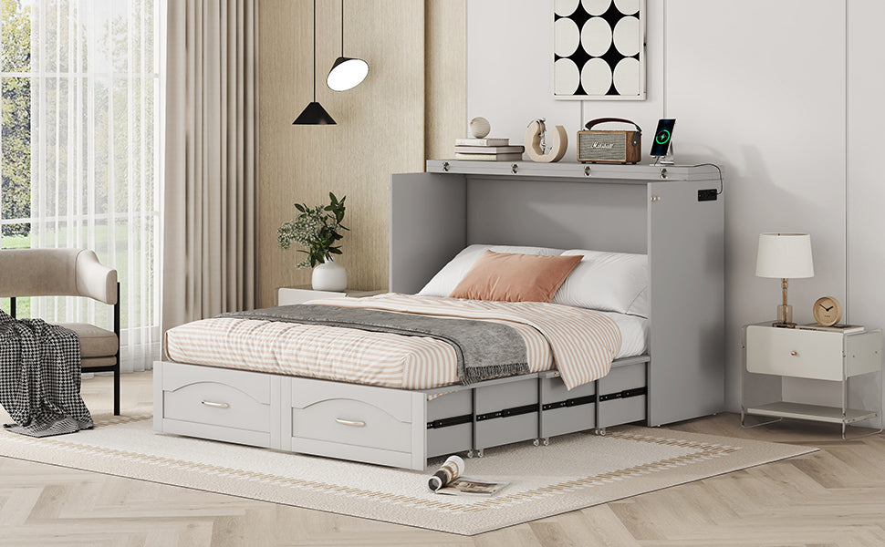 Full Size Murphy Bed Wall Bed With Drawer And A Set Of Sockets & Usb Ports, Pulley Structure Design, Gray Gray Solid Wood Mdf