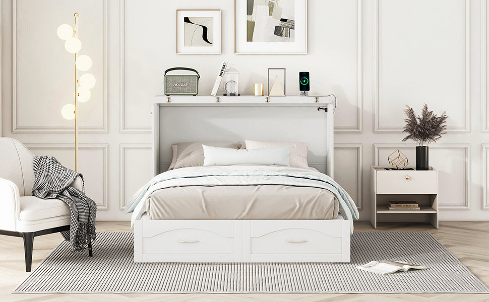Full Size Murphy Bed Wall Bed With Drawer And A Set Of Sockets & Usb Ports, Pulley Structure Design, White White Solid Wood Mdf