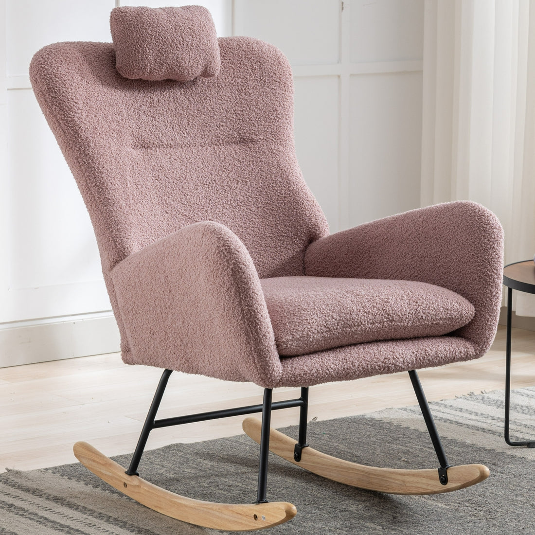 35.5 Inch Rocking Chair With Pocket, Soft Teddy Fabric Rocking Chair For Nursery, Comfy Wingback Glider Rocker With Safe Solid Wood Base For Living Room Bedroom Balcony Pink Pink Casual Foam Teddy