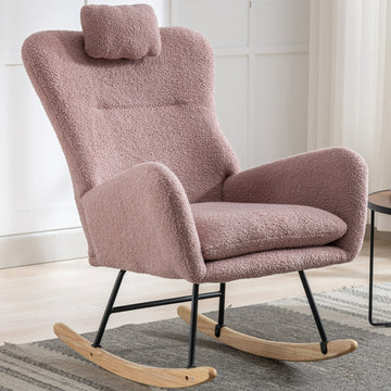 35.5 Inch Rocking Chair With Pocket, Soft Teddy Fabric Rocking Chair For Nursery, Comfy Wingback Glider Rocker With Safe Solid Wood Base For Living Room Bedroom Balcony Pink Pink Casual Foam Teddy