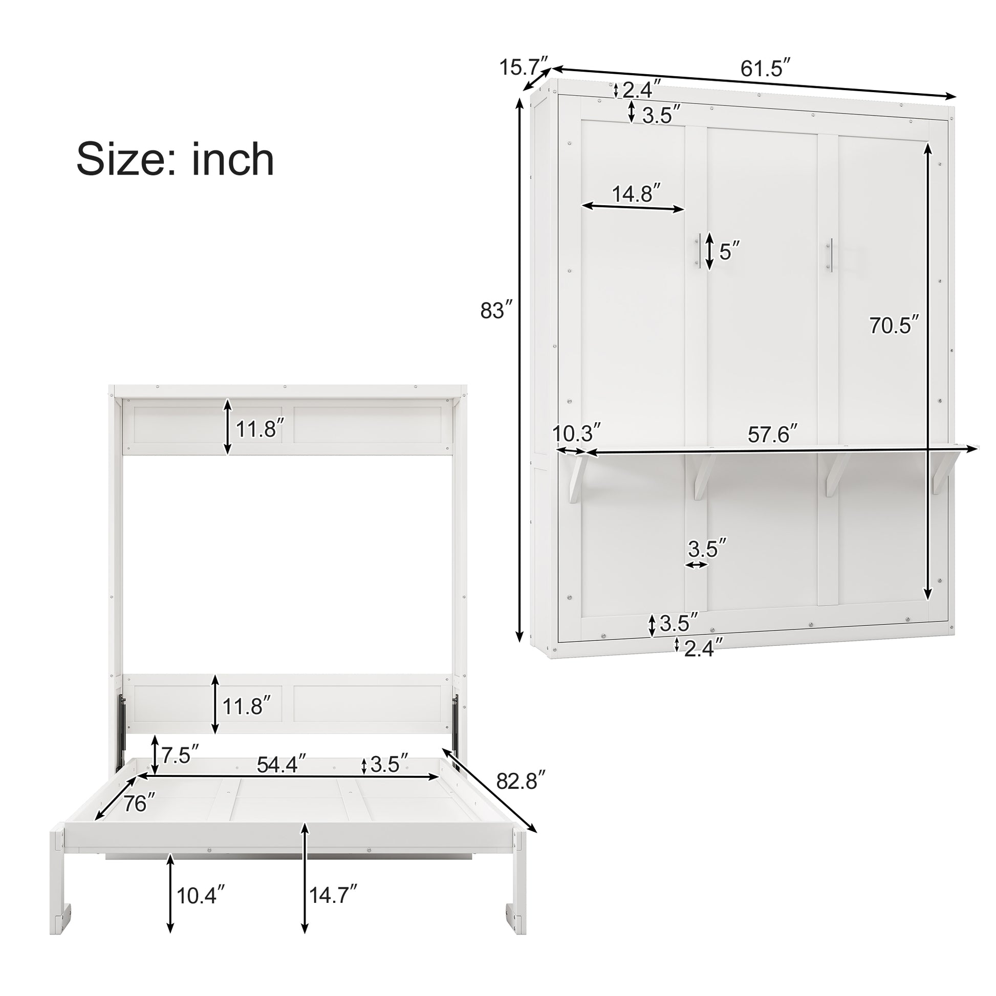 Full Size Murphy Bed With 1 Side Cabinet Storage Shelf, 61.5 Inch Cabinet Bed Folding Wall Bed With Desk Combo Perfect For Guest Room,Study, Office,White Old Sku:Bs300609Aac Box Spring Not Required Full White Wood White Pine Murphy Solid Wood Mdf