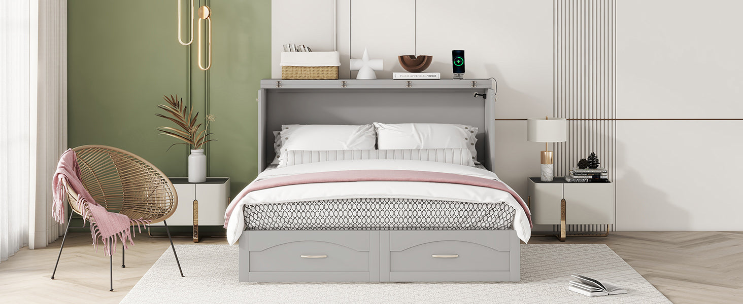 Queen Size Murphy Bed Wall Bed With Drawer And A Set Of Sockets & Usb Ports, Pulley Structure Design, Gray Gray Solid Wood Mdf