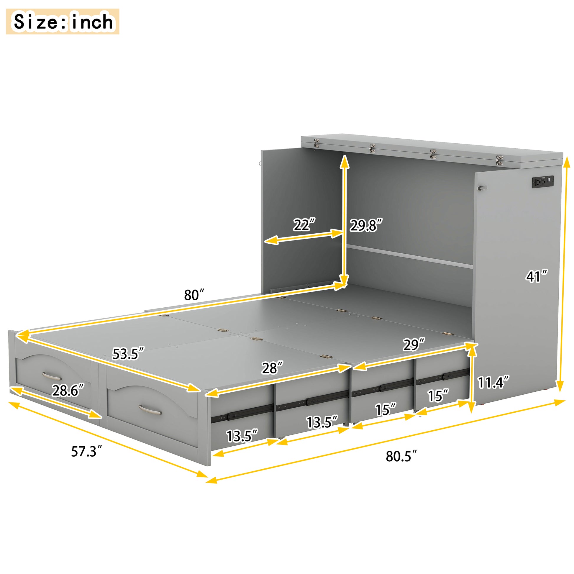 Full Size Murphy Bed Wall Bed With Drawer And A Set Of Sockets & Usb Ports, Pulley Structure Design, Gray Gray Solid Wood Mdf