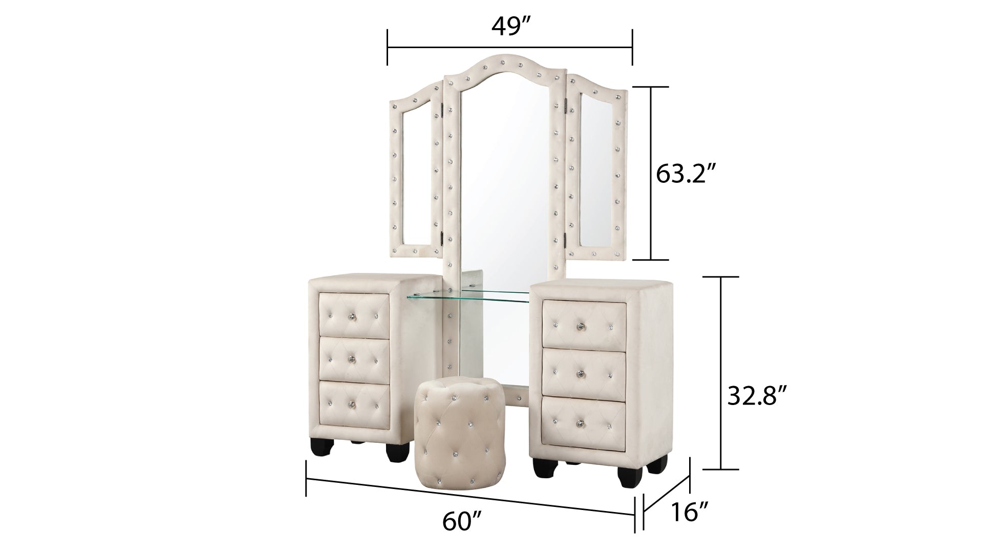 Maya Crystal Tufted King 4 Pc Vanity Bedroom Set Made With Wood In Cream Box Spring Not Required King Cream Wood 4 Piece Set Bedroom Contemporary,Modern Upholstered Velvet Tufted Wood