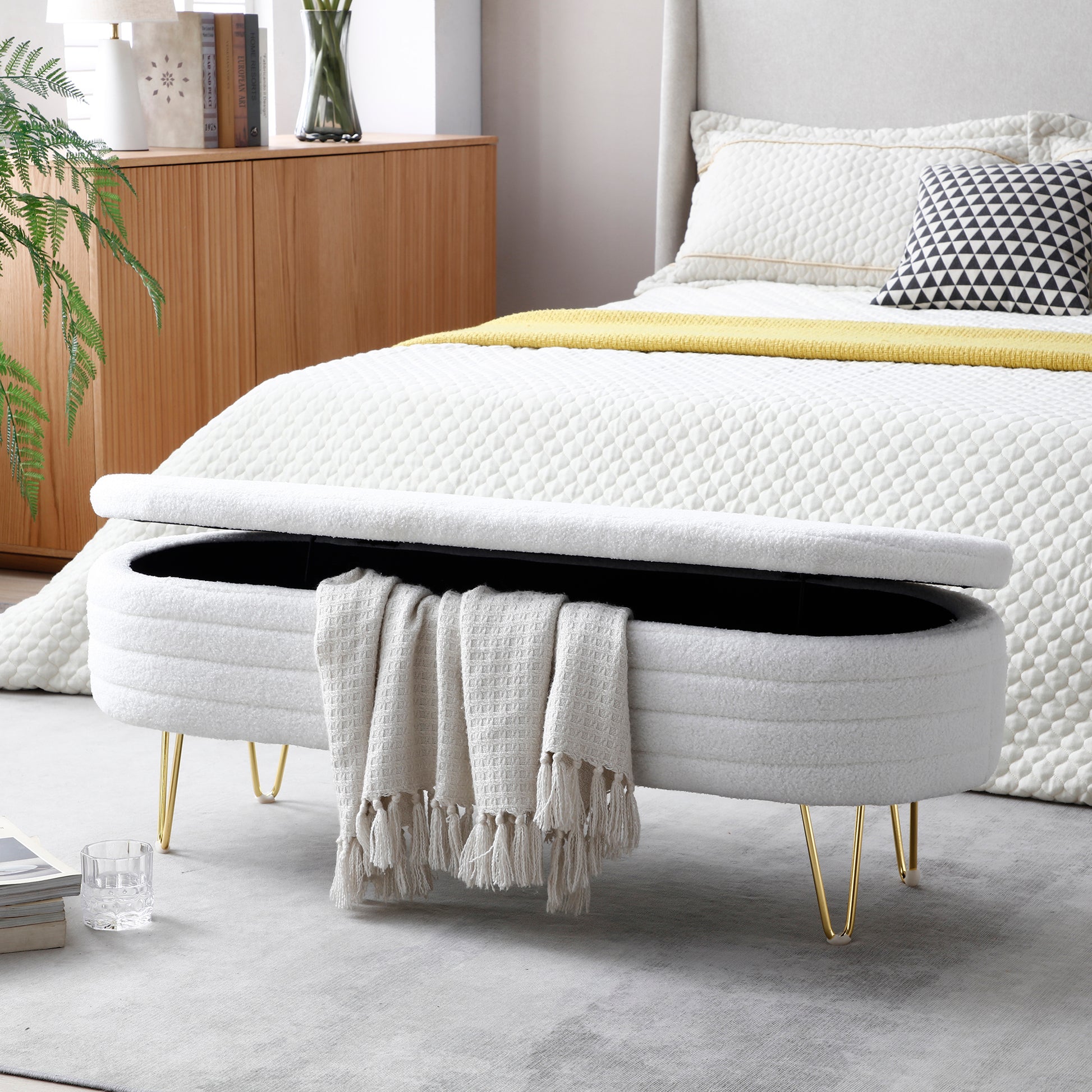 46.9" Width Oval Storage Bench With Gold Legs,Teddy Fabric Upholstered Ottoman Storage Benches For Bedroom End Of Bed,Sherpa Fabric Bench For Living Room,Dining Room,Entryway,Bed Side,Beige Beige Polyester