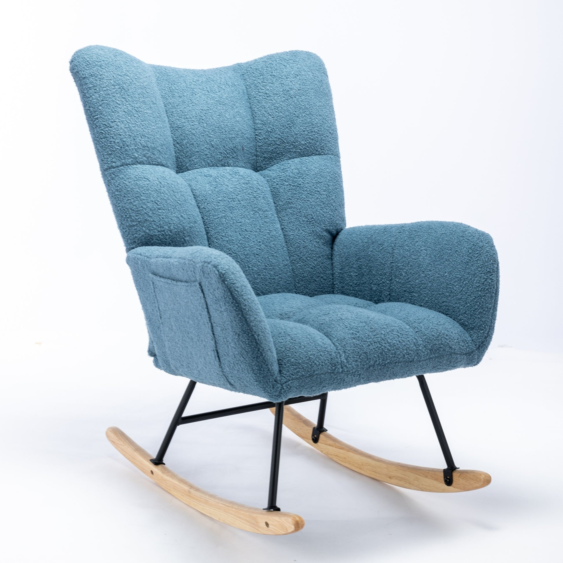 Rocking Chair With Pocket, Soft Teddy Fabric Rocking Chair For Nursery, Comfy Wingback Glider Rocker With Safe Solid Wood Base For Living Room Bedroom Balcony Blue Blue Casual Foam Teddy