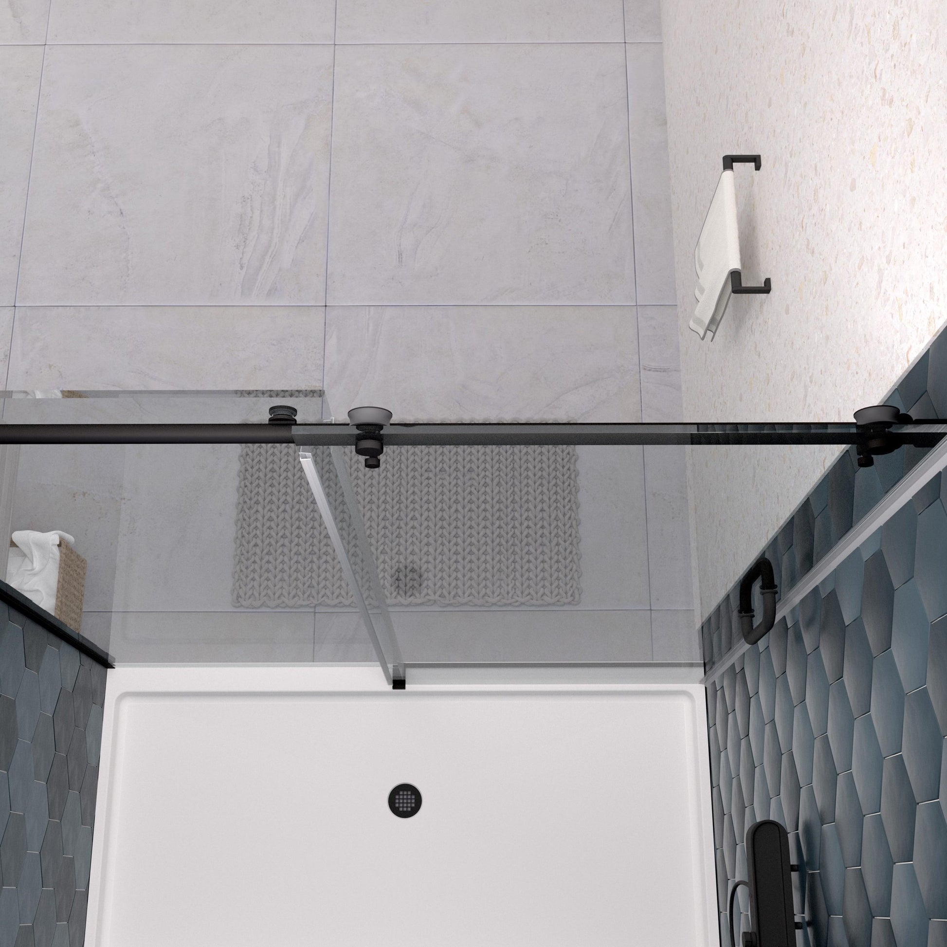 Glass Shower Door, Sliding Door, With 5 16" Tempered Glass And Matted Black Finish Matte Black Stainless Steel