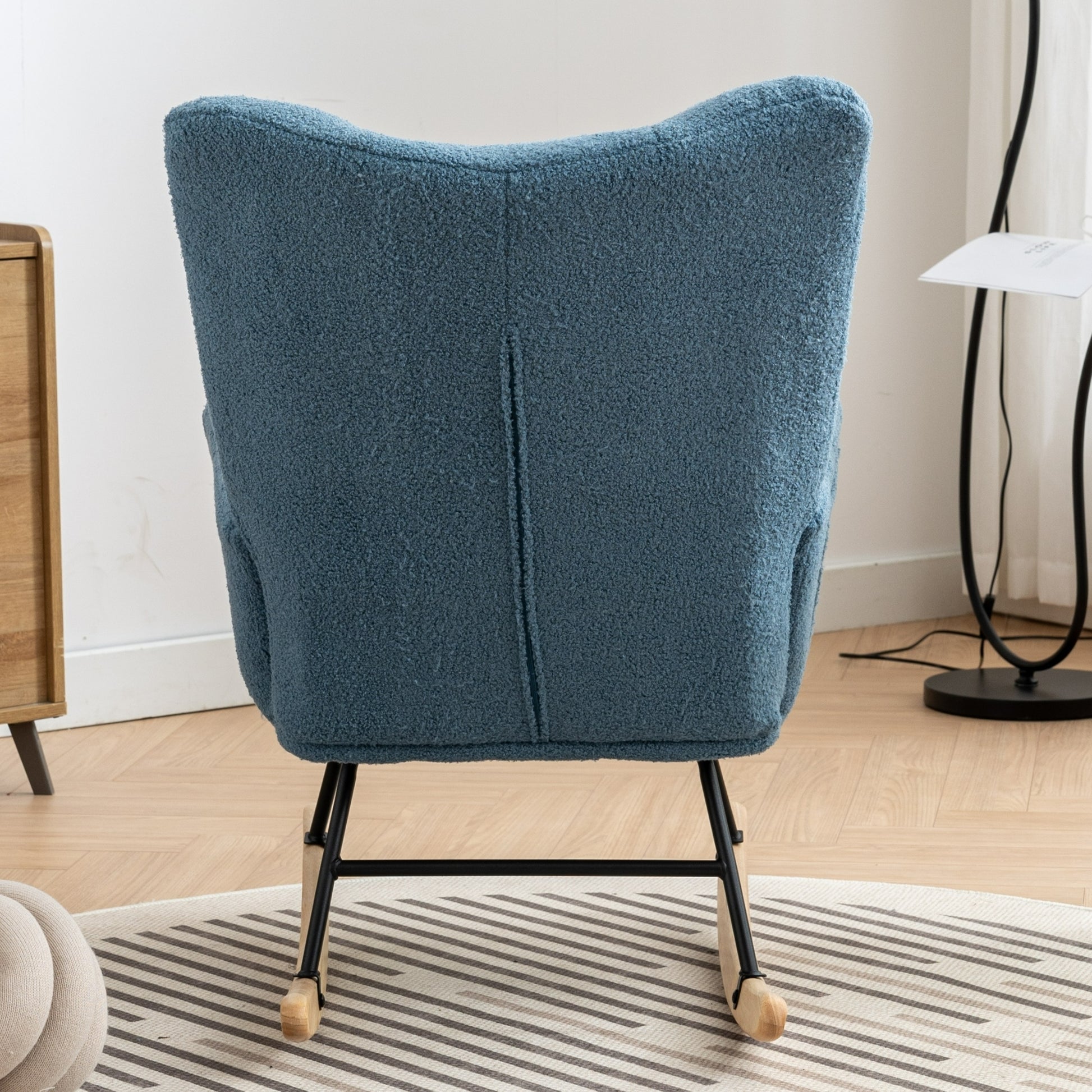 Rocking Chair With Pocket, Soft Teddy Fabric Rocking Chair For Nursery, Comfy Wingback Glider Rocker With Safe Solid Wood Base For Living Room Bedroom Balcony Blue Blue Casual Foam Teddy