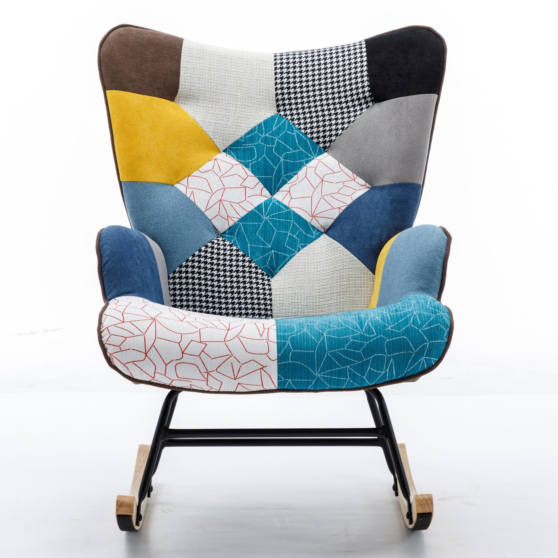 Modern Patchwork Accent Chair With Solid Wood Armrest And Feet, Mid Century Modern Accent Sofa, Fabric Sofa Chair For Living Room Bedroom Studio, Comfy Side Armchair For Bed Blue Antique Blue Foam Cotton Linen