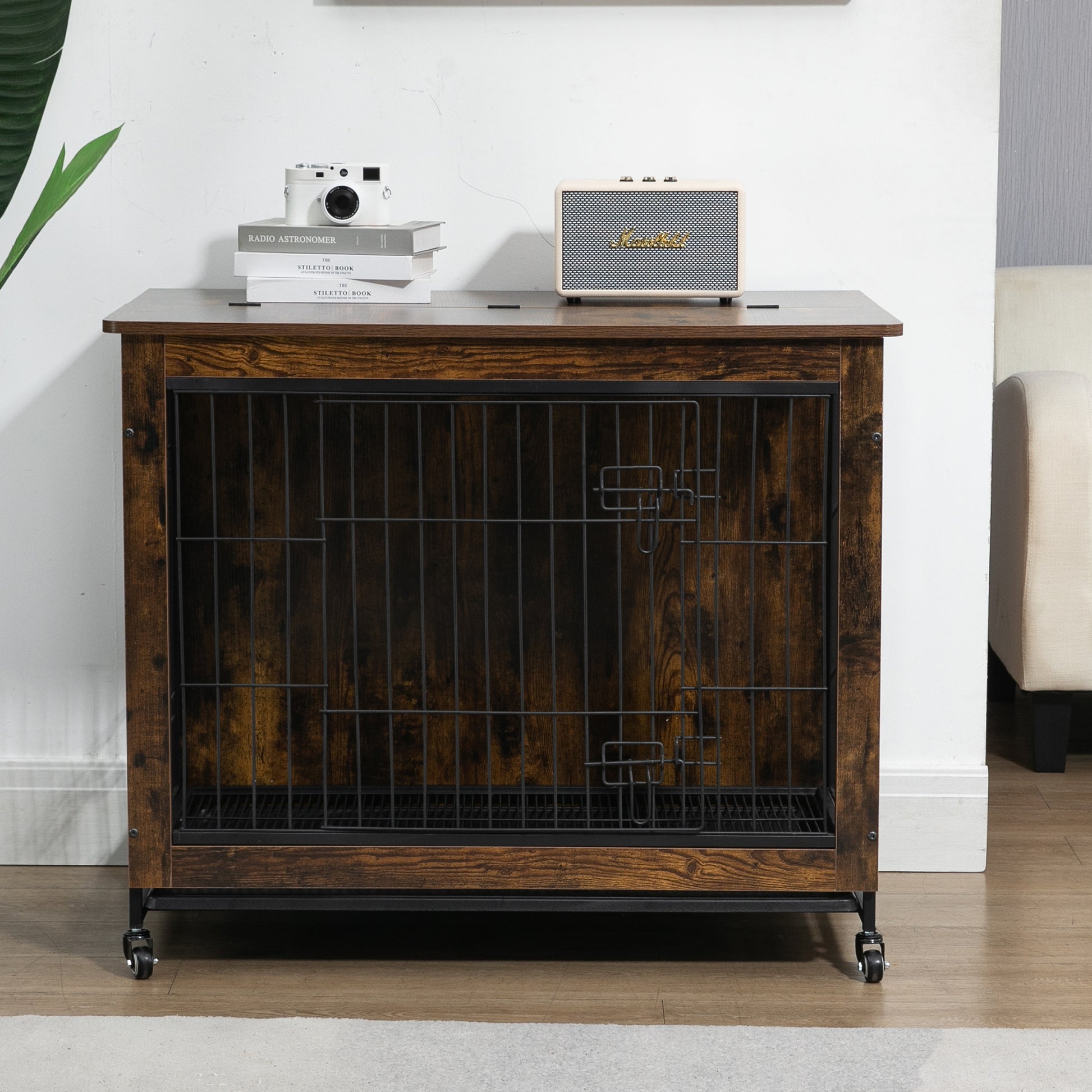 23.6"L X 20"W X 26"H Dog Crate Furniture With Cushion, Wooden Dog Crate Table, Double Doors Dog Furniture, Dog Kennel Indoor For Small Dog, Dog House, Dog Cage Small, Rustic Brown Gray Solid Wood