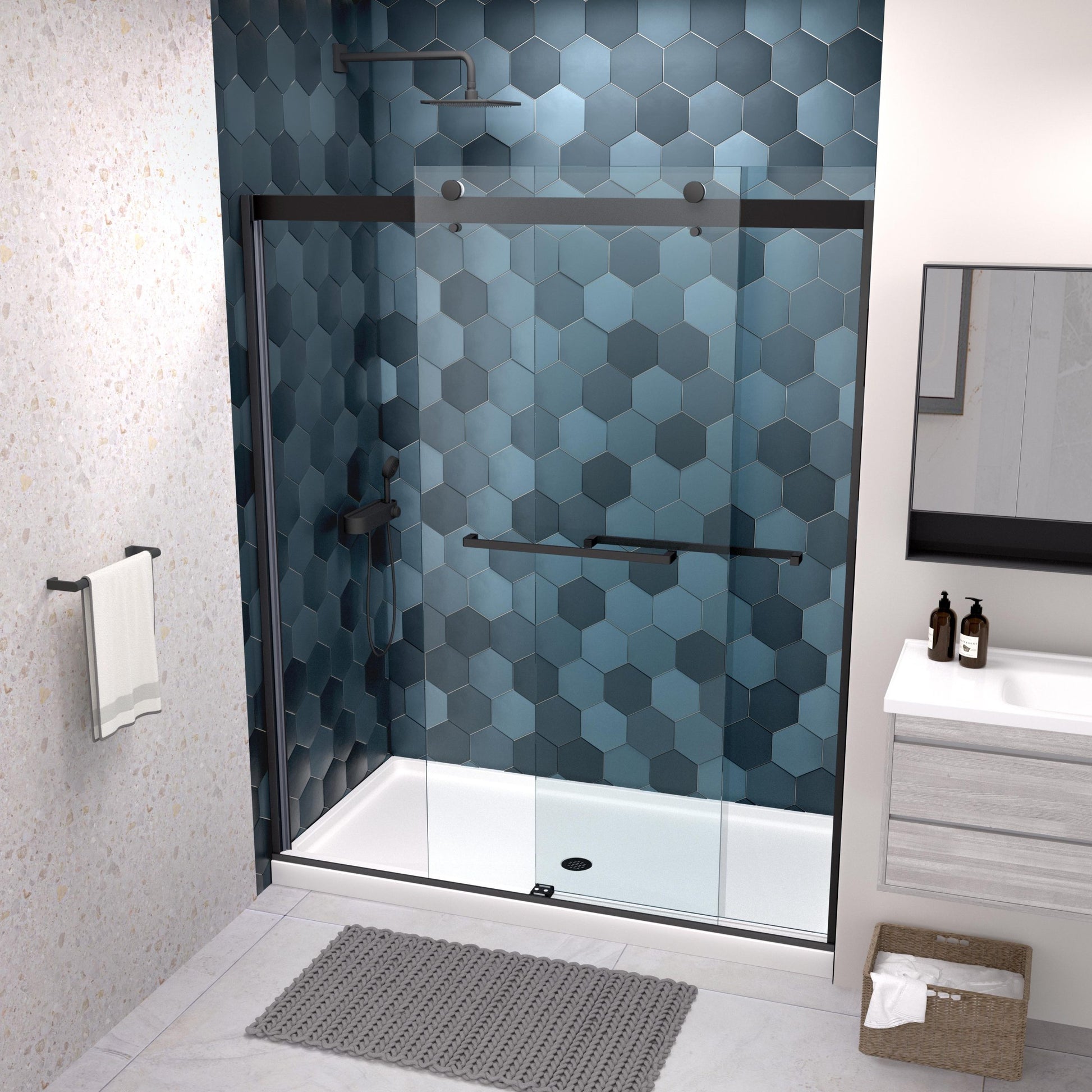 Bypass Shower Door, Sliding Door, With 5 16" Tempered Glass And Matted Black Finish 6074 Matte Black Stainless Steel