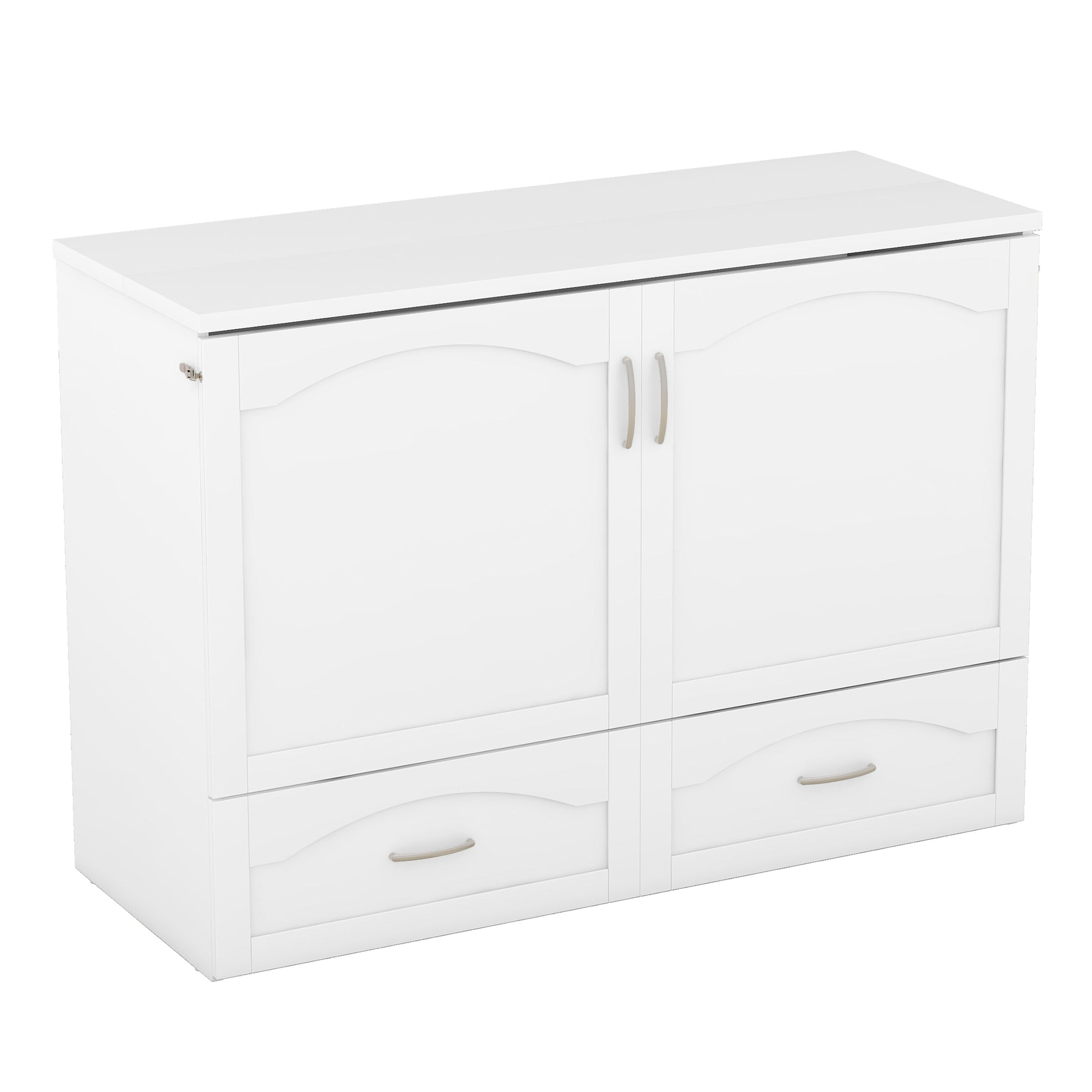 Full Size Murphy Bed Wall Bed With Drawer And A Set Of Sockets & Usb Ports, Pulley Structure Design, White White Solid Wood Mdf