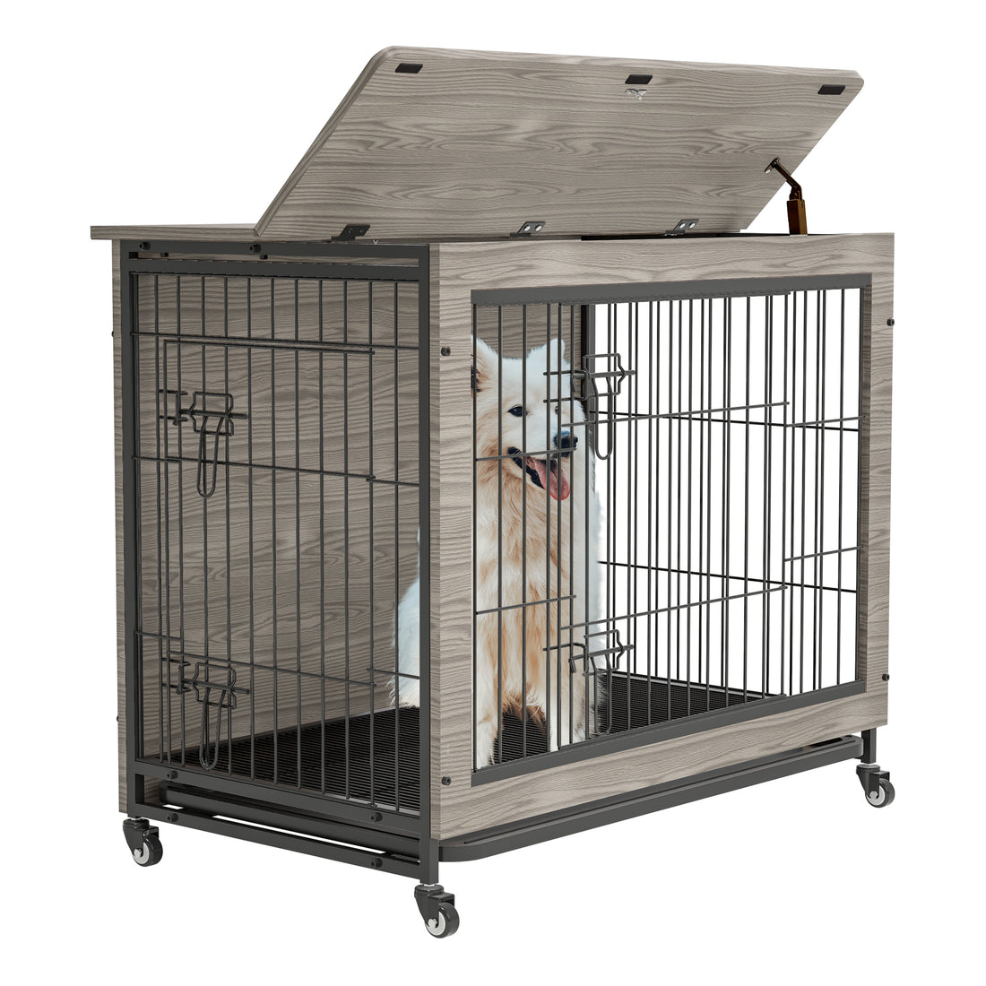 Dog Crate Furniture38'' Heavy Duty Wooden Dog Kennel With Double Doors & Flip Top For Large Dogs, Furniture Style Dog Crate End Table With Wheels, Grey 38.3"L X 23.4"W X 32"H Grey Solid Wood