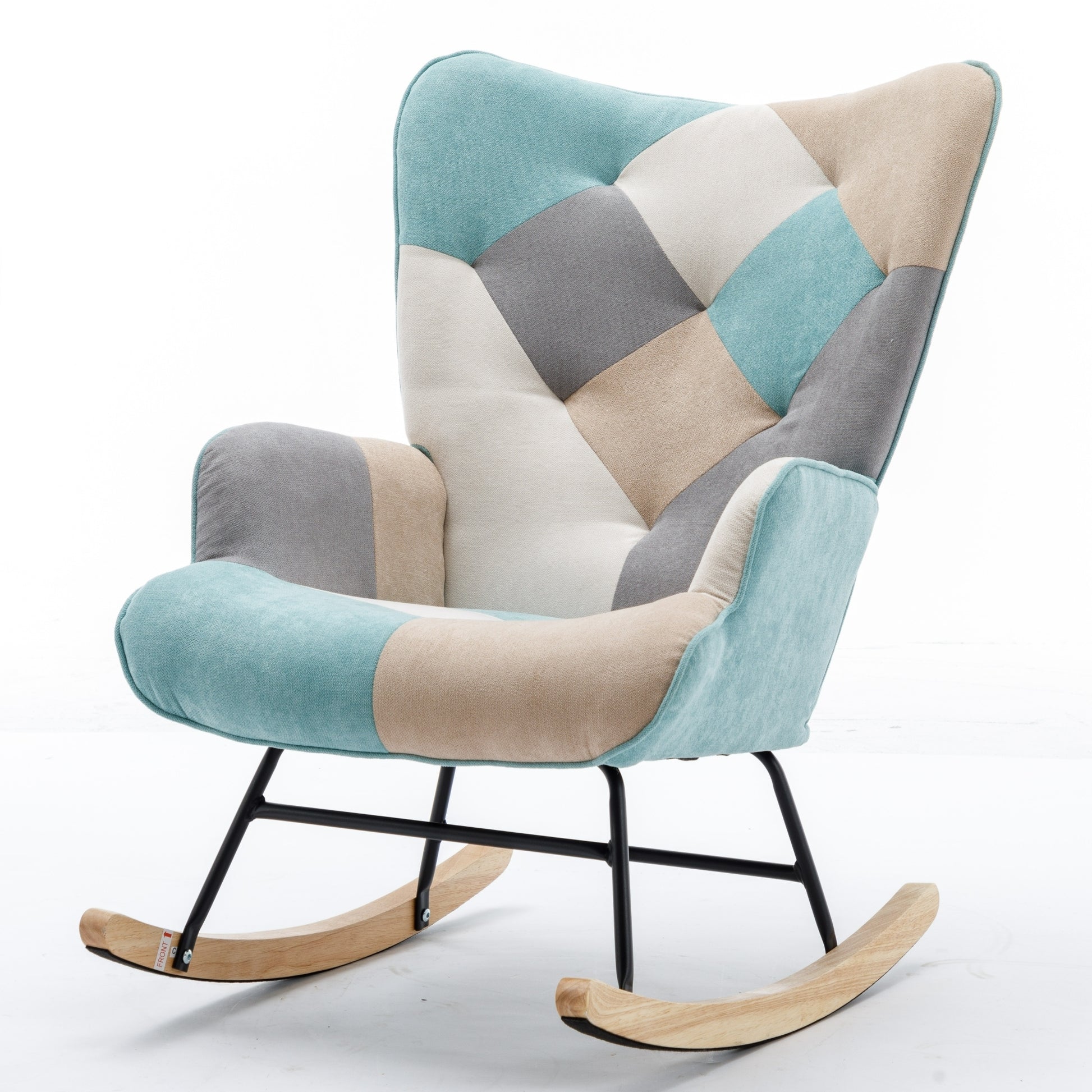 Modern Patchwork Accent Chair With Solid Wood Armrest And Feet, Mid Century Modern Accent Sofa, Fabric Sofa Chair For Living Room Bedroom Studio, Comfy Side Armchair For Bed Green Foam Cotton Linen