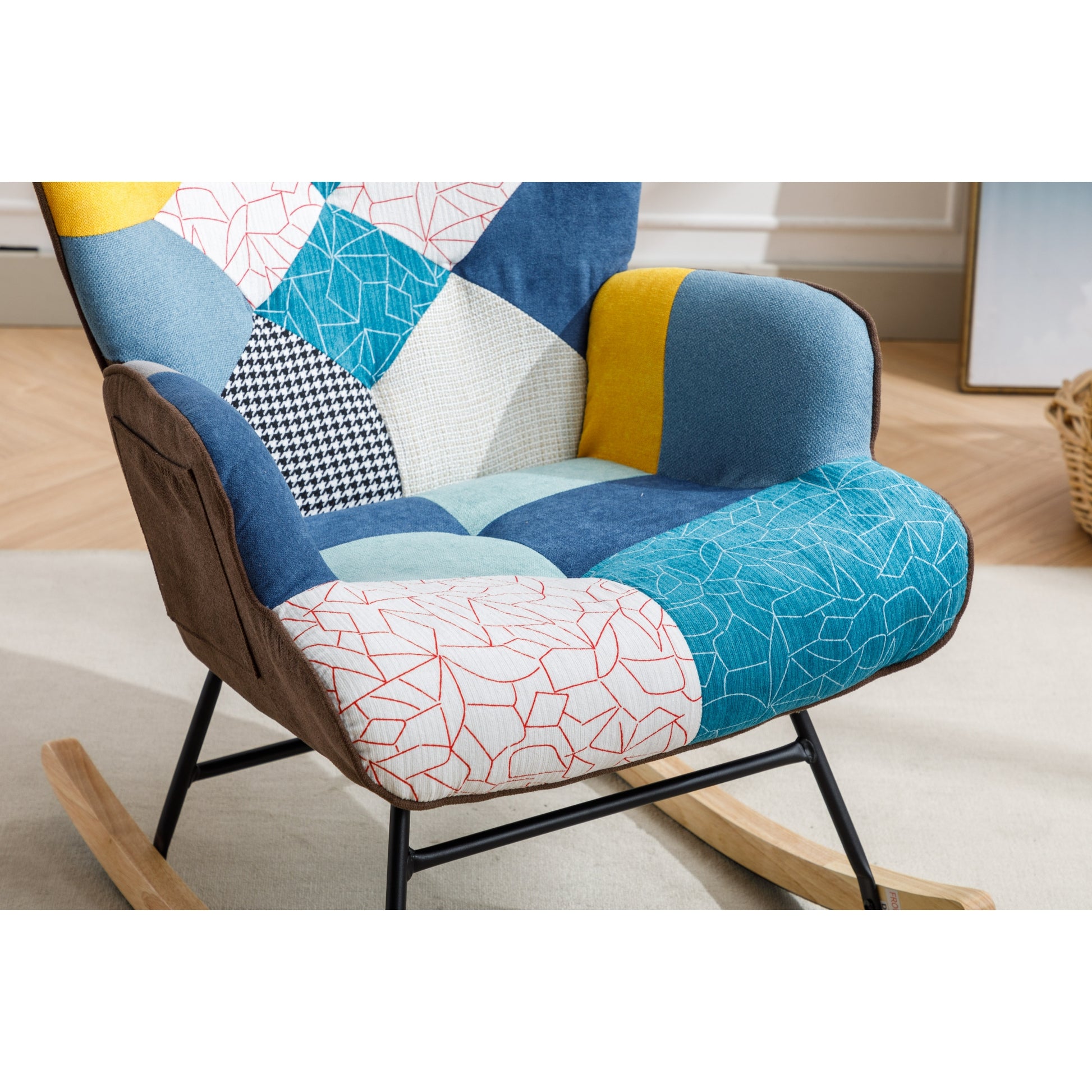 Modern Patchwork Accent Chair With Solid Wood Armrest And Feet, Mid Century Modern Accent Sofa, Fabric Sofa Chair For Living Room Bedroom Studio, Comfy Side Armchair For Bed Blue Antique Blue Foam Cotton Linen