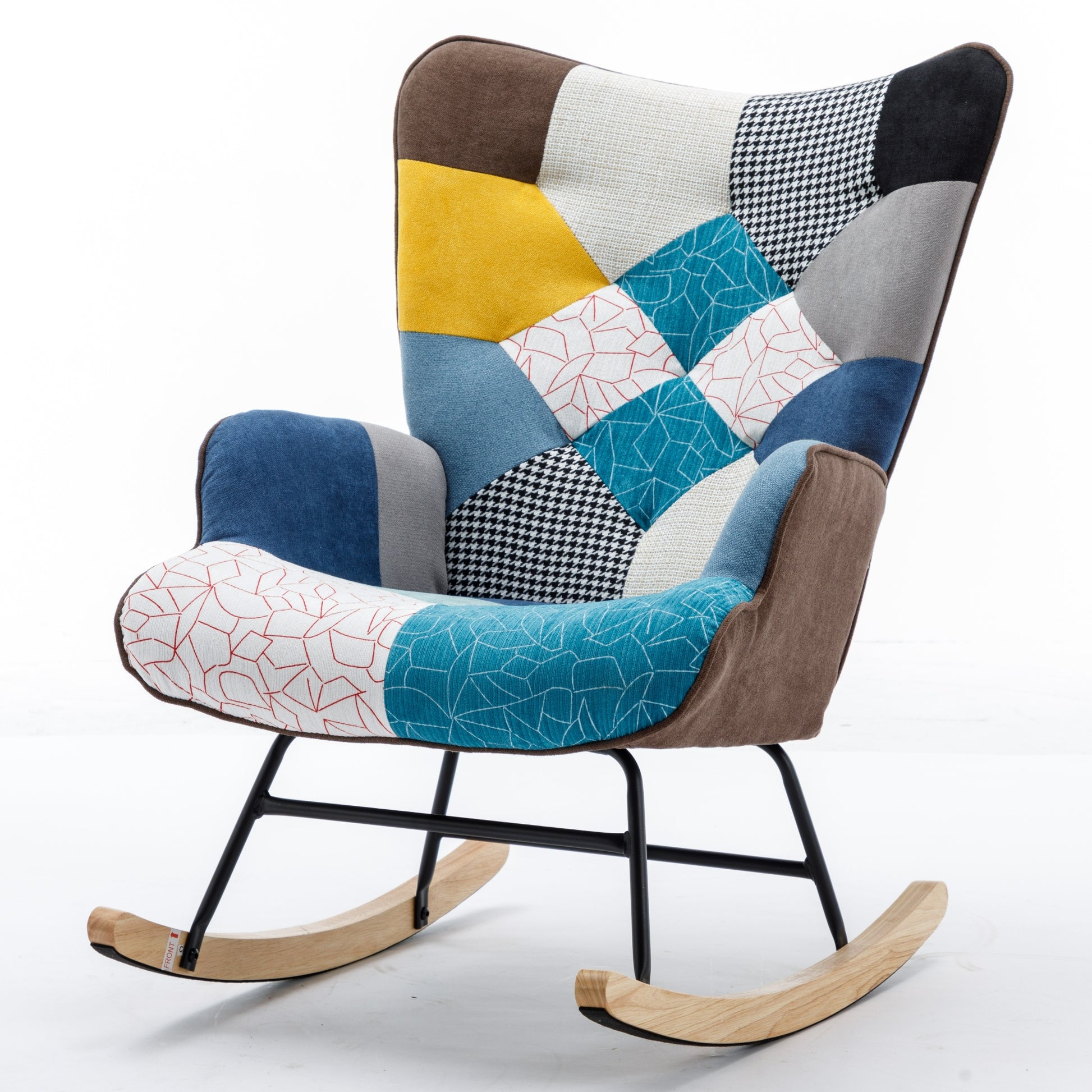 Modern Patchwork Accent Chair With Solid Wood Armrest And Feet, Mid Century Modern Accent Sofa, Fabric Sofa Chair For Living Room Bedroom Studio, Comfy Side Armchair For Bed Blue Antique Blue Foam Cotton Linen
