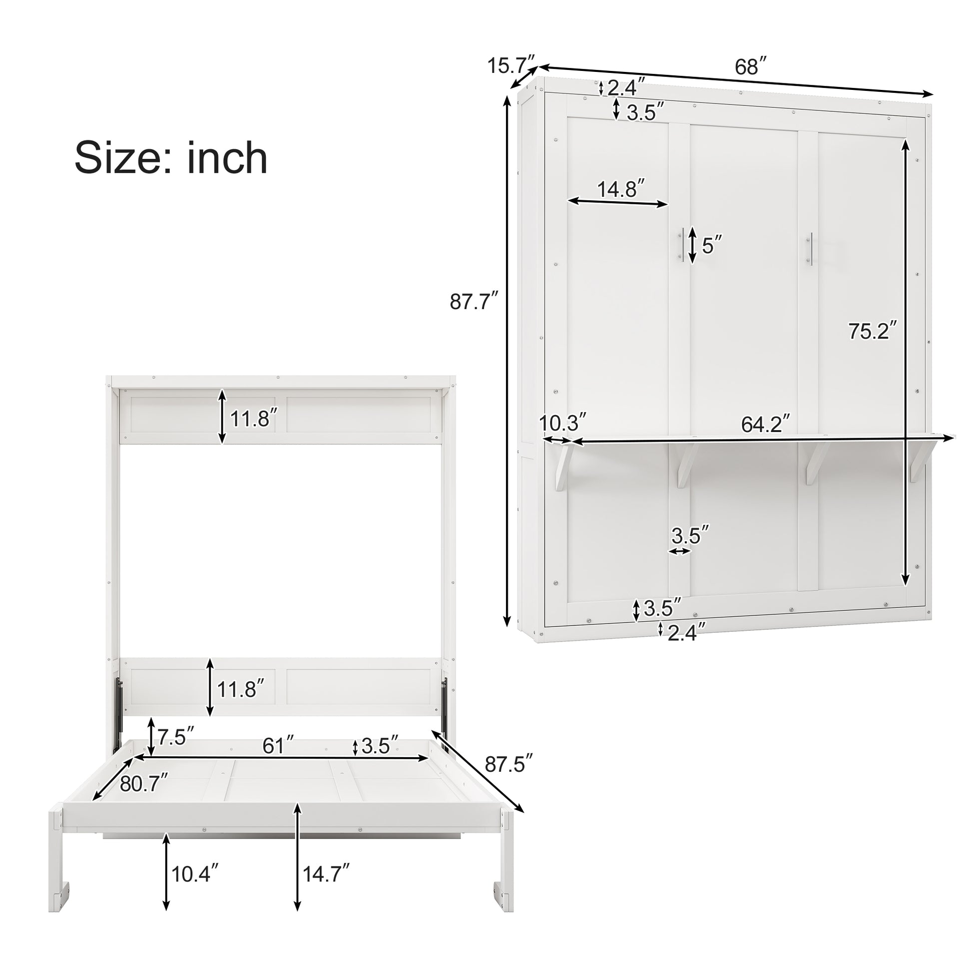 Queen Size Murphy Bed With 1 Side Cabinet Storage Shelf, 68 Inch Cabinet Bed Folding Wall Bed With Desk Combo Perfect For Guest Room, Study, Office,White Old Sku:Bs300491Aac Box Spring Not Required Queen Antique Grey White Wood White Pine Murphy Solid