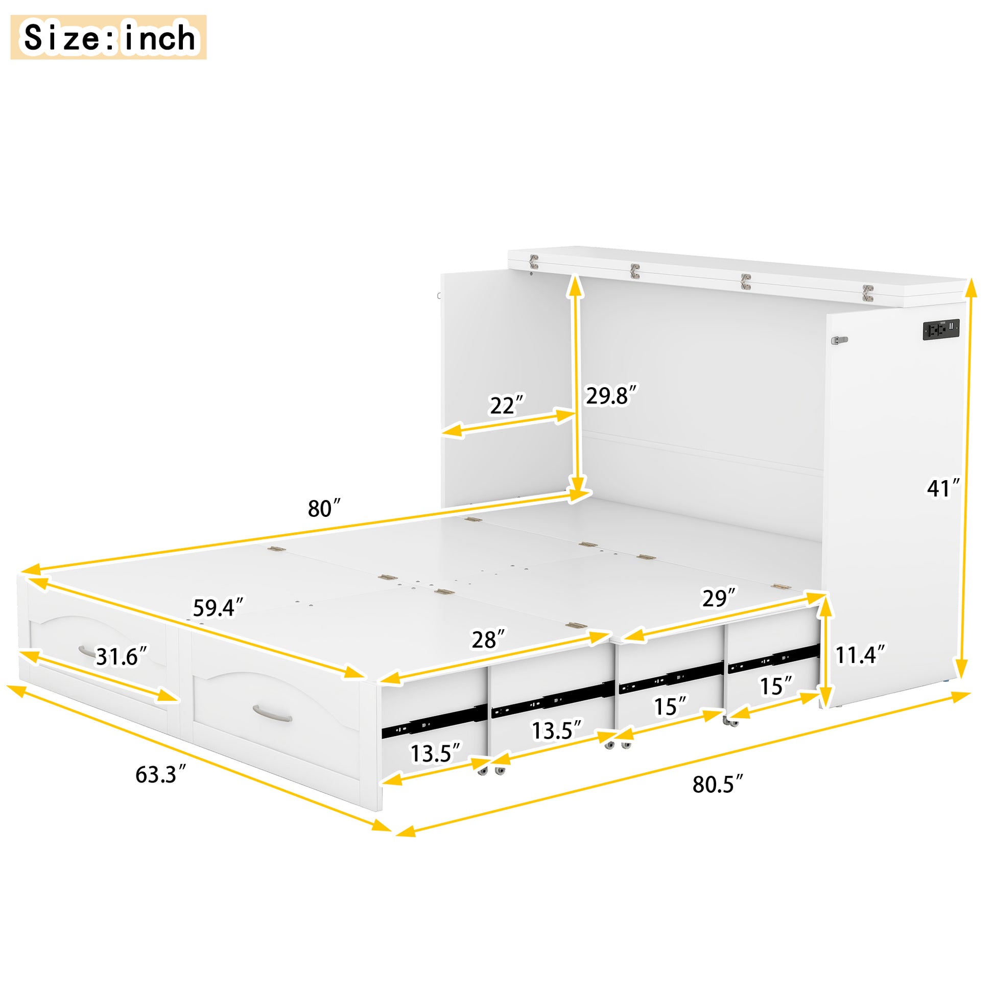 Queen Size Murphy Bed Wall Bed With Drawer And A Set Of Sockets & Usb Ports, Pulley Structure Design, White White Solid Wood Mdf