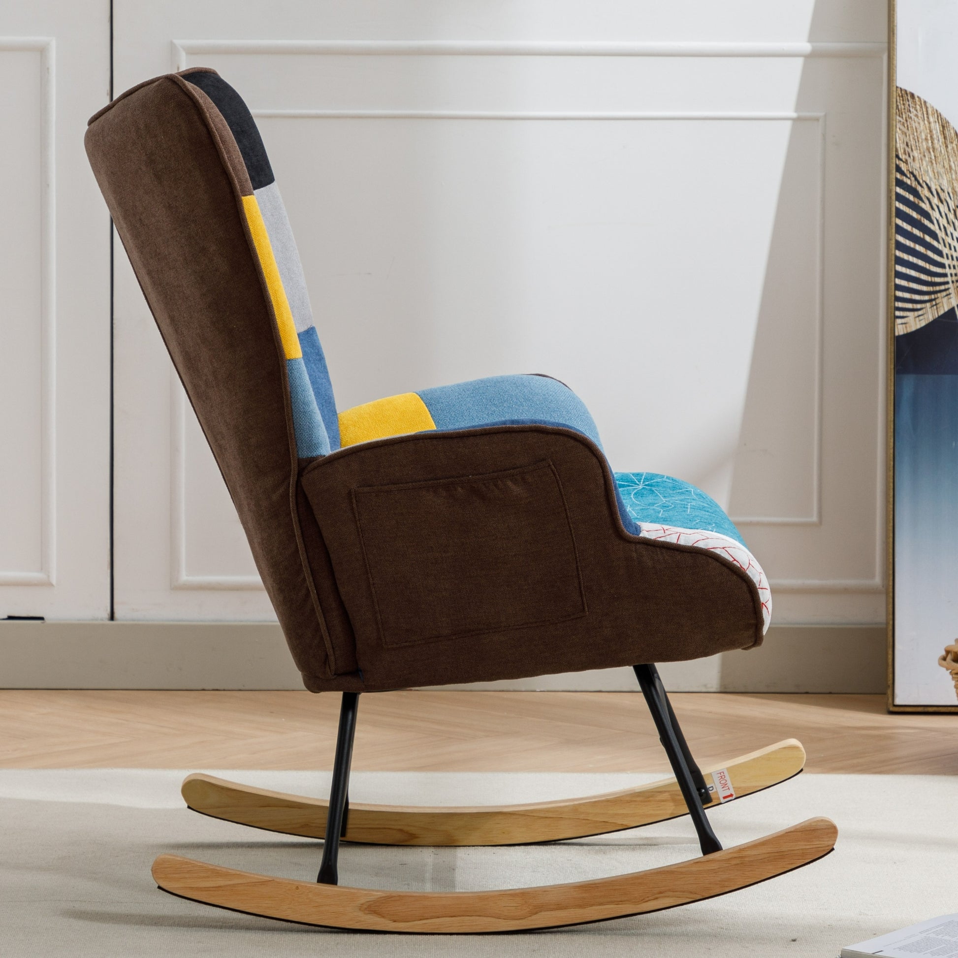Modern Patchwork Accent Chair With Solid Wood Armrest And Feet, Mid Century Modern Accent Sofa, Fabric Sofa Chair For Living Room Bedroom Studio, Comfy Side Armchair For Bed Blue Antique Blue Foam Cotton Linen